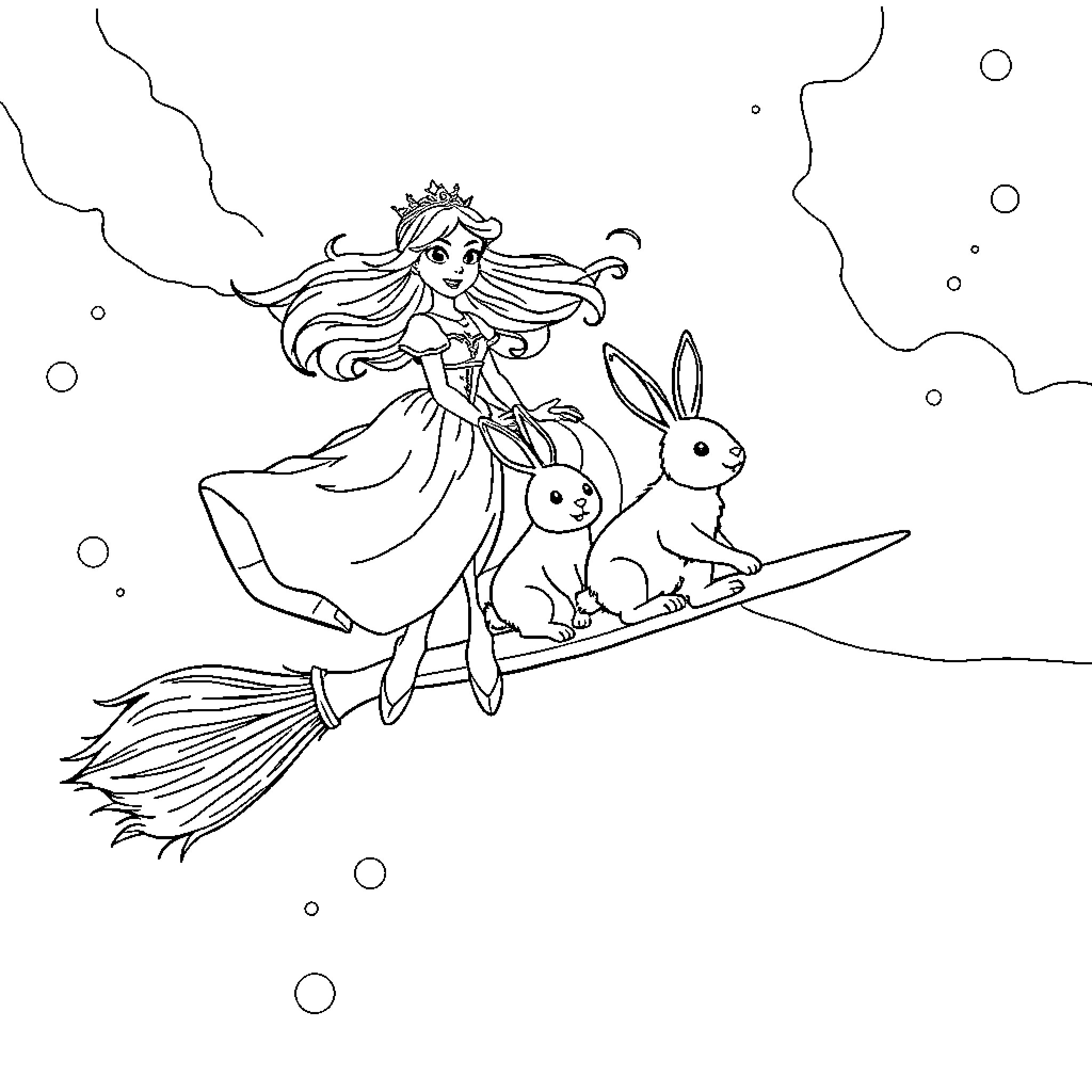 Princess riding a broom with rabbits Coloring Page (free black-and-white line drawing printable PDF for all, from beginners to advanced learners, including children, teens, adults, and seniors)
