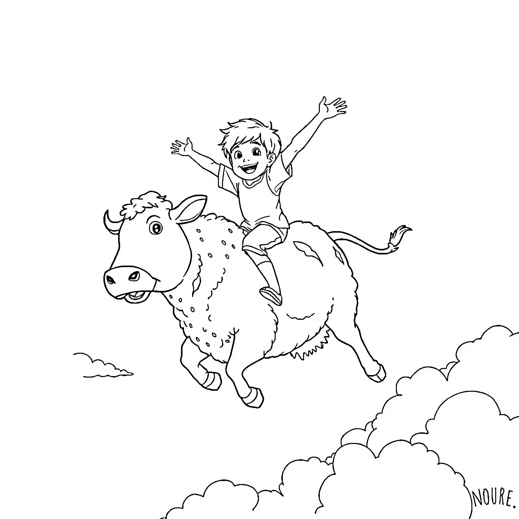 Boy riding joyfully on a spotted cow Coloring Page (free black-and-white line drawing printable PDF for all, from beginners to advanced learners, including children, teens, adults, and seniors)
