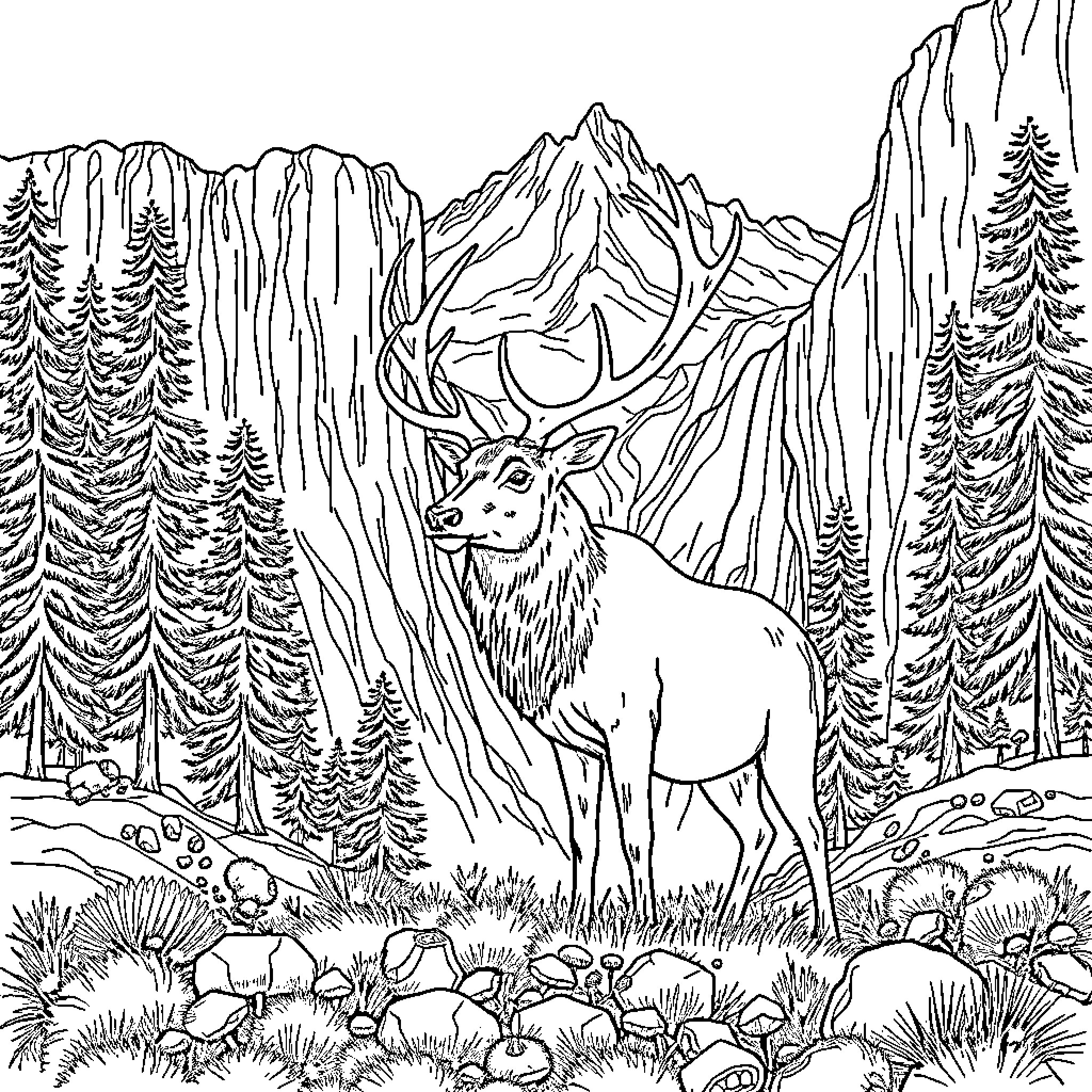 Elk standing in a serene mountain landscape Coloring Page (free black-and-white line drawing printable PDF for all, from beginners to advanced learners, including children, teens, adults, and seniors)