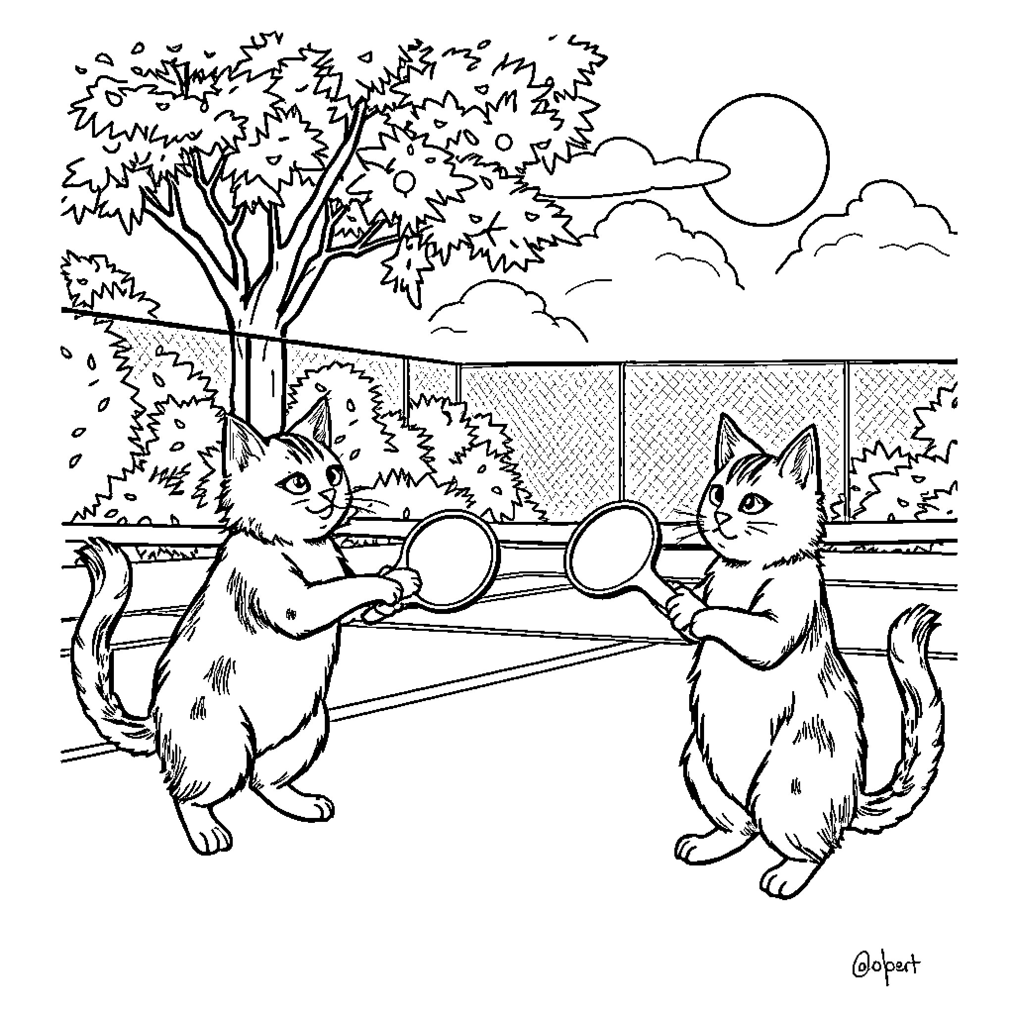Cat Chasing Butterflies in Backyard Coloring Page (free black-and-white line drawing printable PDF for all, from beginners to advanced learners, including children, teens, adults, and seniors)