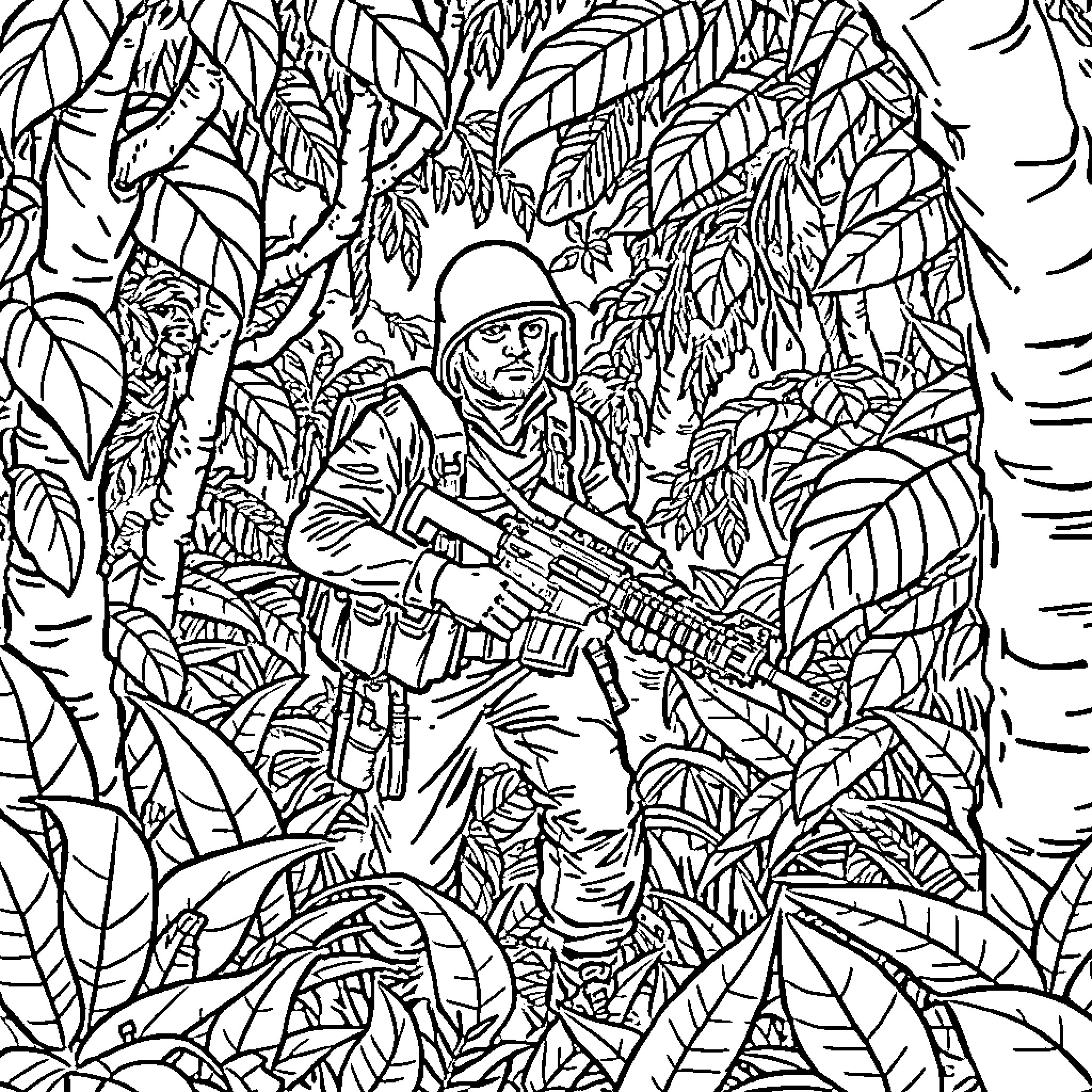 Commando in action in dense jungle Coloring Page (free black-and-white line drawing printable PDF for all, from beginners to advanced learners, including children, teens, adults, and seniors)
