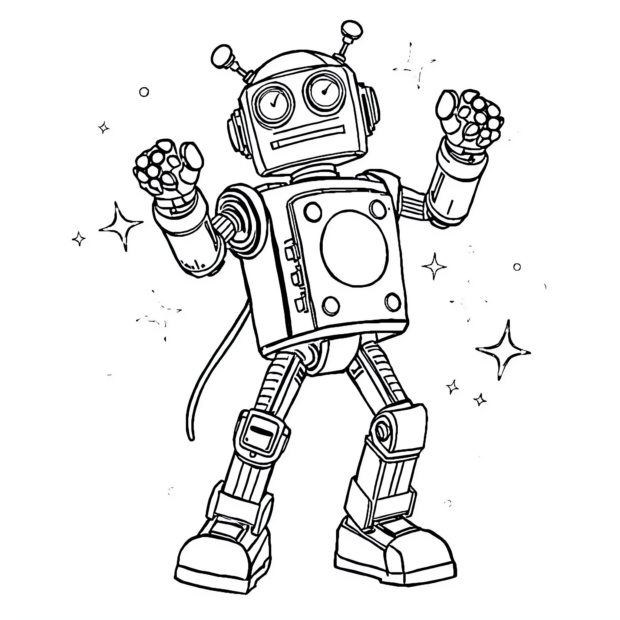 Robot waving with enthusiasm in a starry setting Coloring Page (free black-and-white line drawing printable PDF for all, from beginners to advanced learners, including children, teens, adults, and seniors)