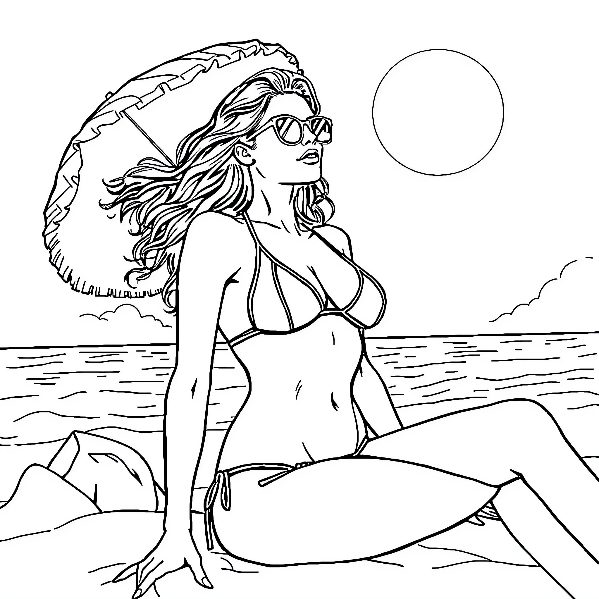 Donna enjoying the beach in her swimsuit Coloring Page (free black-and-white line drawing printable PDF for all, from beginners to advanced learners, including children, teens, adults, and seniors)