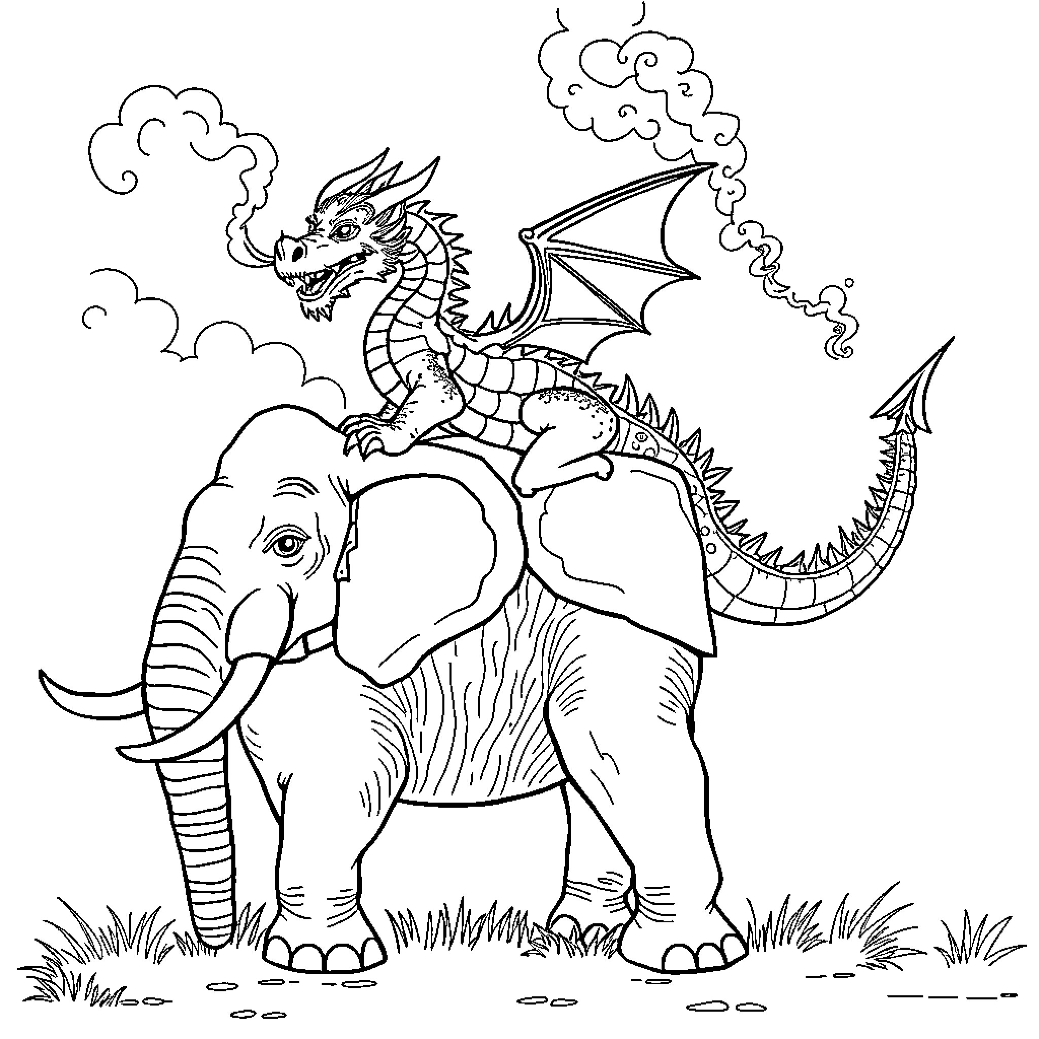 Dragon riding atop a majestic elephant Coloring Page (free black-and-white line drawing printable PDF for all, from beginners to advanced learners, including children, teens, adults, and seniors)
