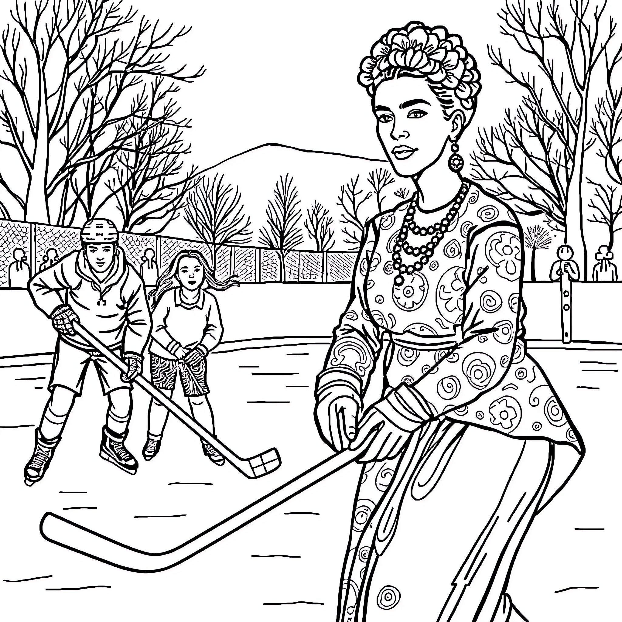 Frida Kahlo playing hockey with children in a winter scene Coloring Page (free black-and-white line drawing printable PDF for all, from beginners to advanced learners, including children, teens, adults, and seniors)