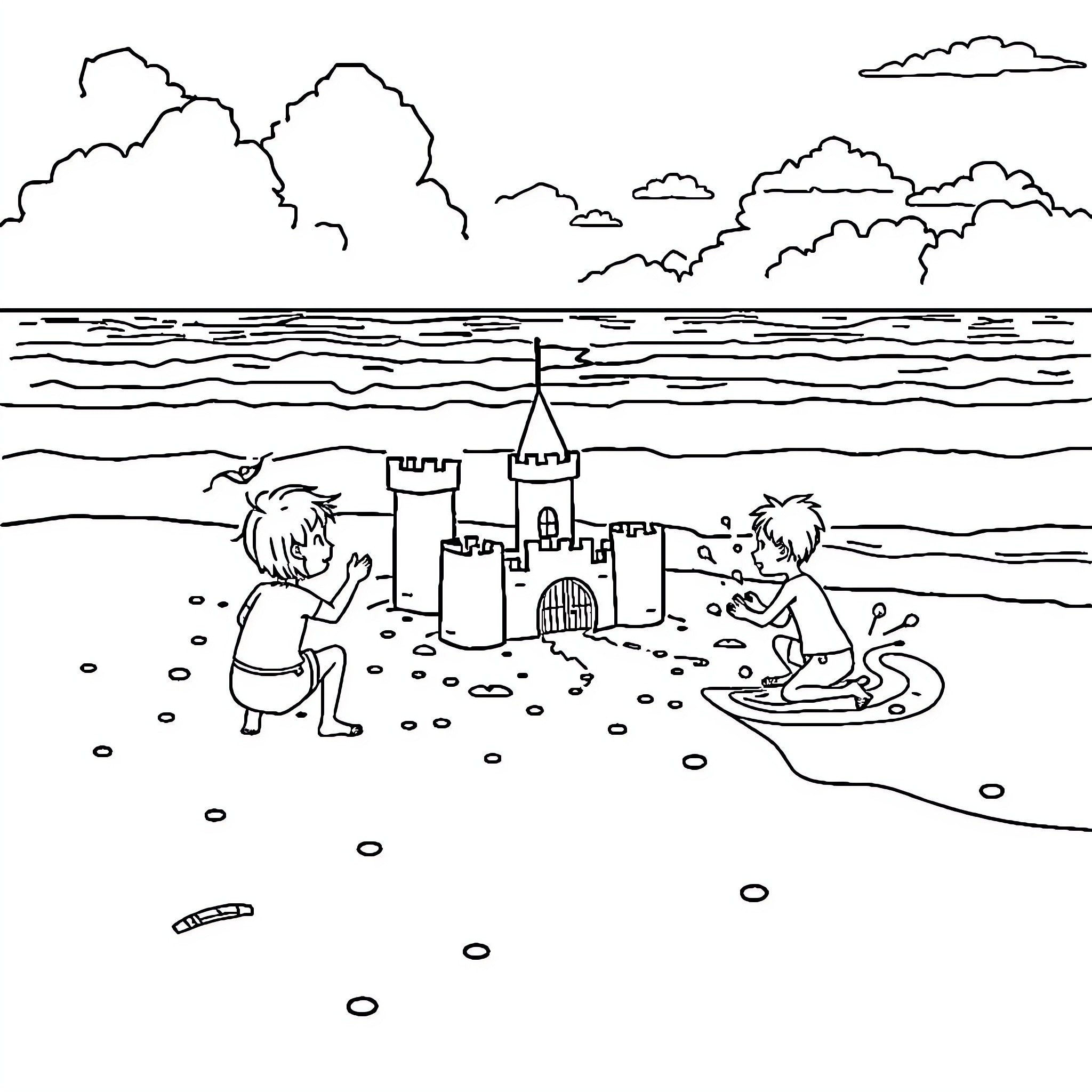 Kids building sandcastle on the beach Coloring Page (free black-and-white line drawing printable PDF for all, from beginners to advanced learners, including children, teens, adults, and seniors)