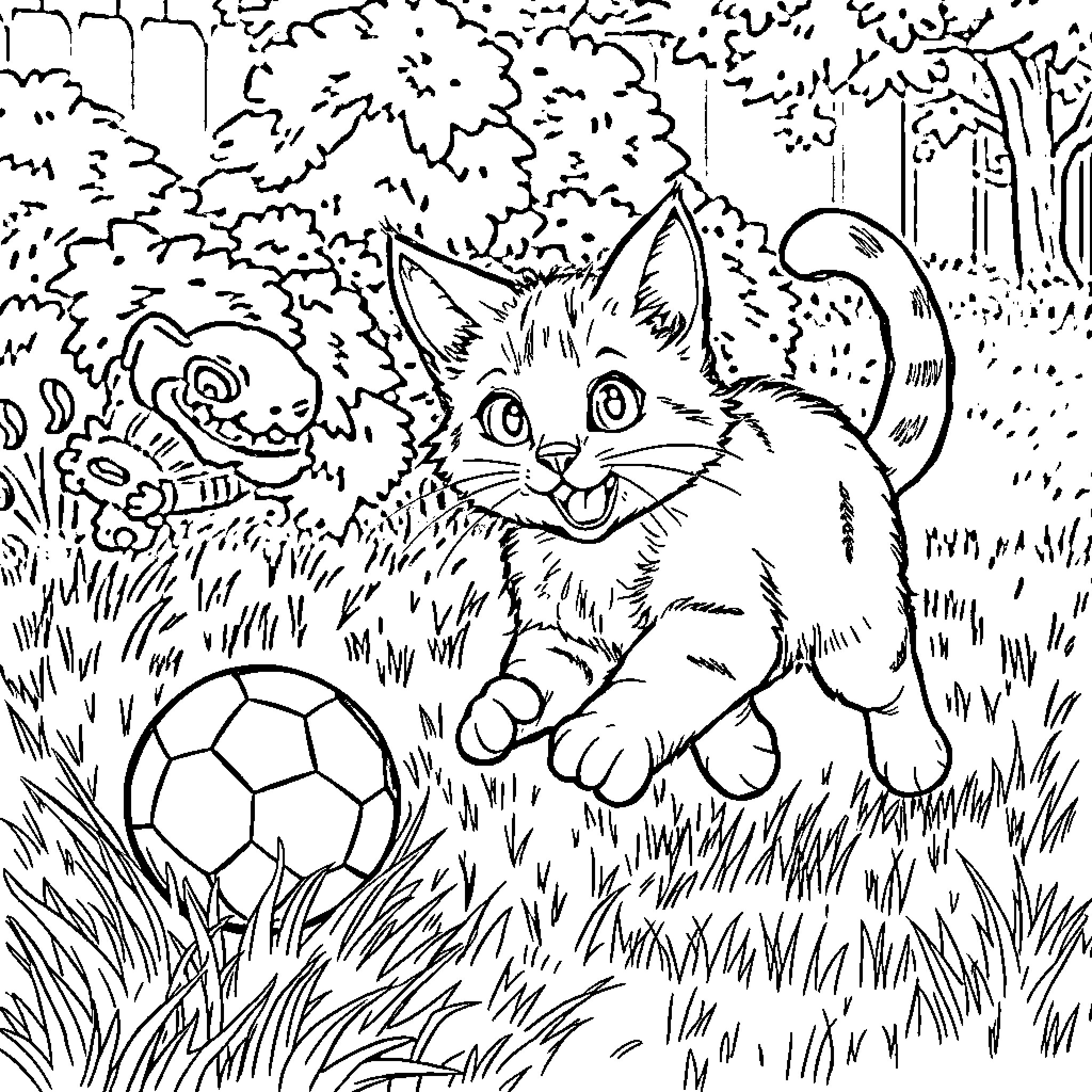 Cat exploring outdoor scene with soccer ball Coloring Page (free black-and-white line drawing printable PDF for all, from beginners to advanced learners, including children, teens, adults, and seniors)