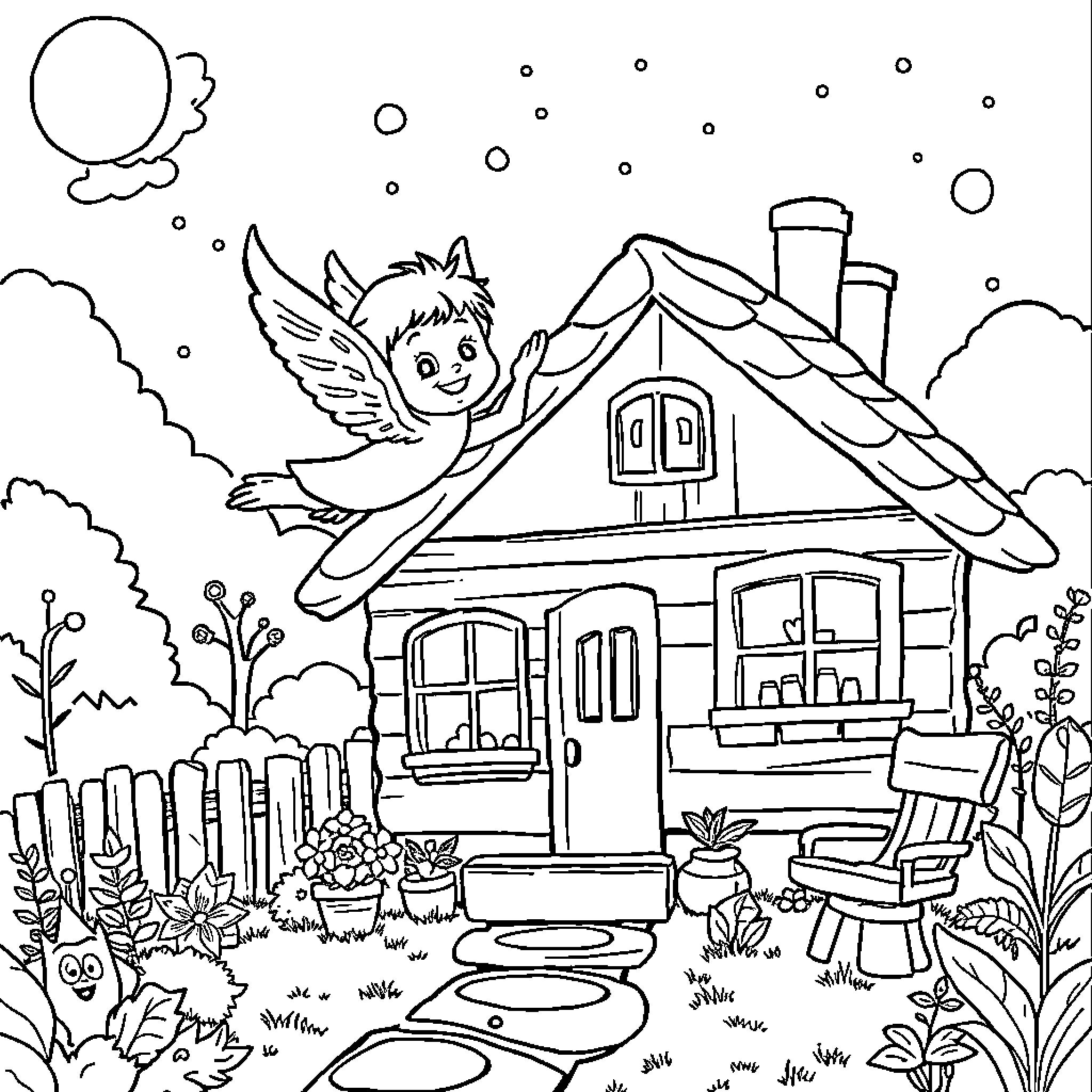 Boy flying with wings near a cozy house Coloring Page (free black-and-white line drawing printable PDF for all, from beginners to advanced learners, including children, teens, adults, and seniors)