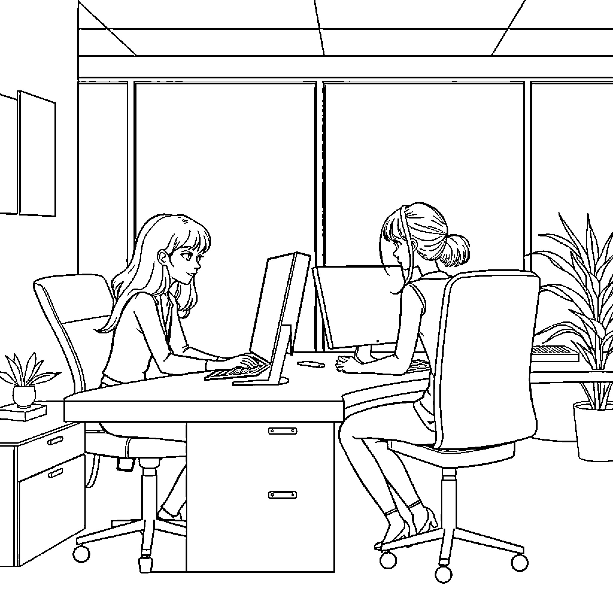Girls working together in an office Coloring Page (free black-and-white line drawing printable PDF for all, from beginners to advanced learners, including children, teens, adults, and seniors)