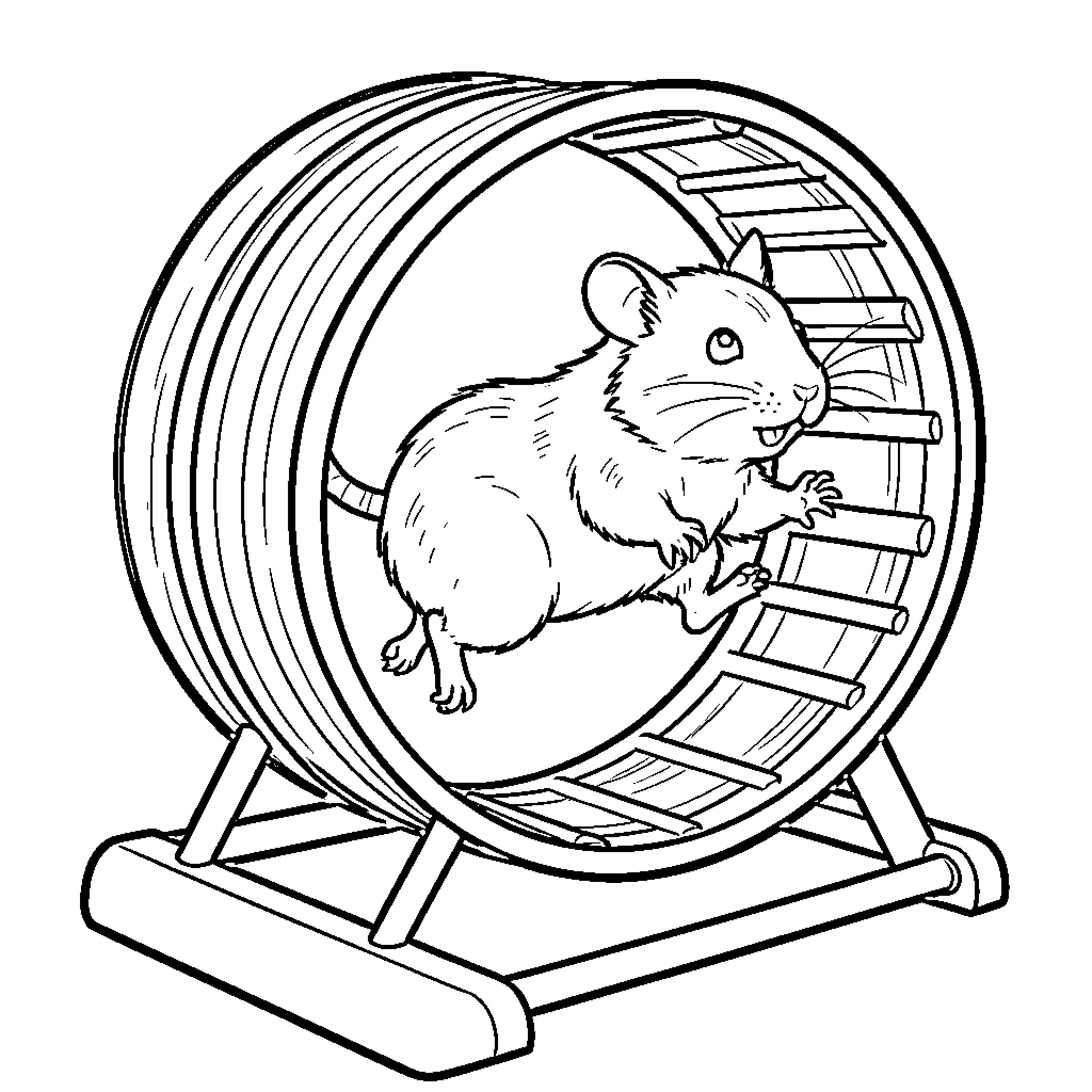 Hamster running on exercise wheel Coloring Page (free black-and-white line drawing printable PDF for all, from beginners to advanced learners, including children, teens, adults, and seniors)