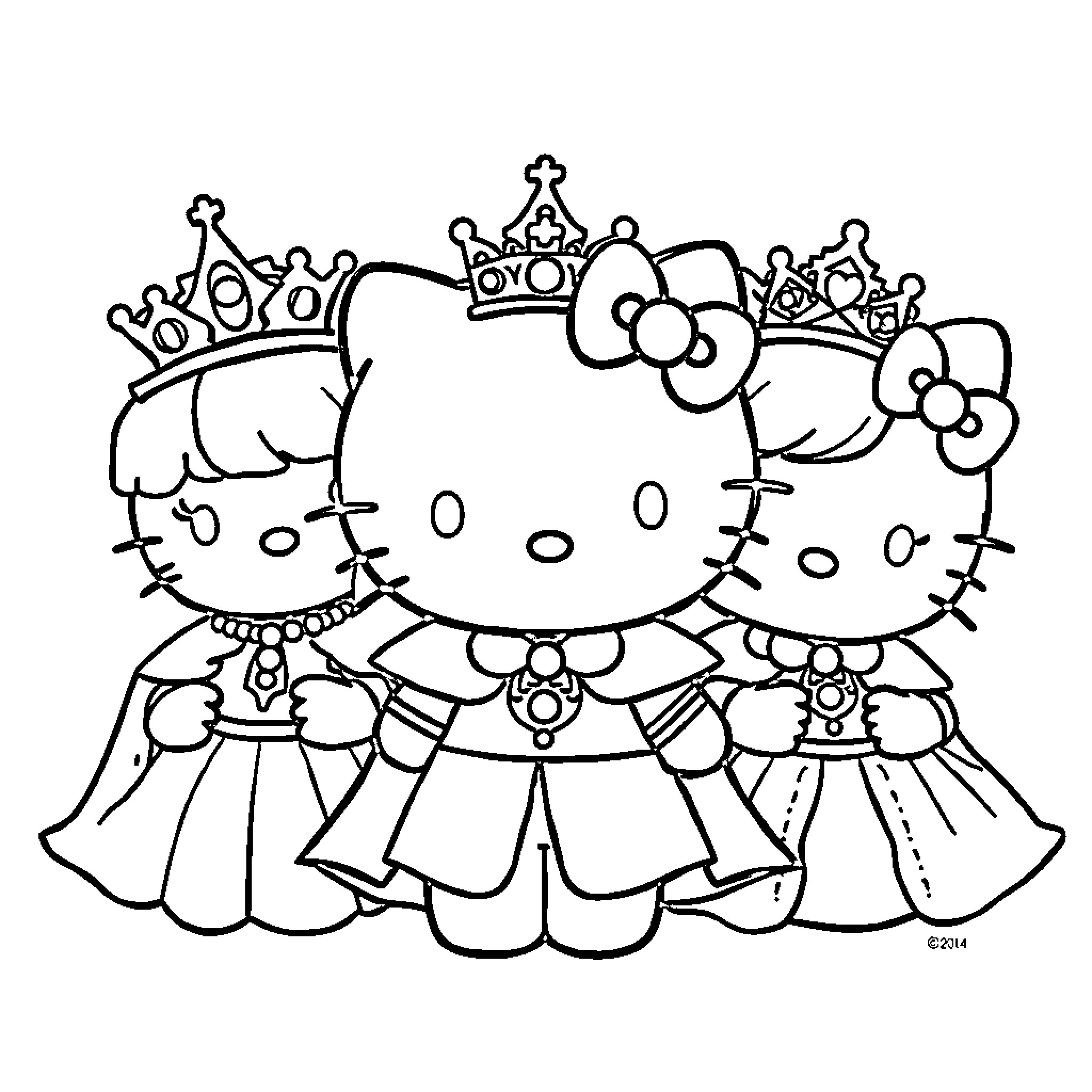 Hello Kitty and Friends Dressed as Royal Princesses Coloring Page (free black-and-white line drawing printable PDF for all, from beginners to advanced learners, including children, teens, adults, and seniors)