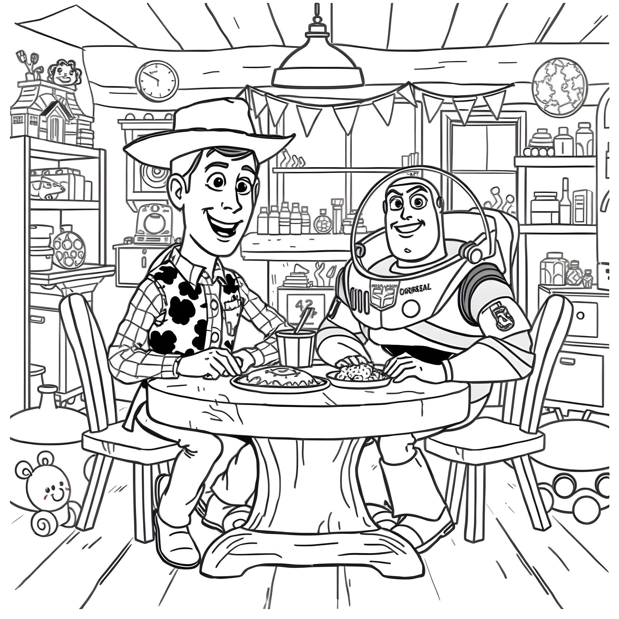 Woody and Buzz Sharing a Meal in the Toys' Room Coloring Page (free black-and-white line drawing printable PDF for all, from beginners to advanced learners, including children, teens, adults, and seniors)