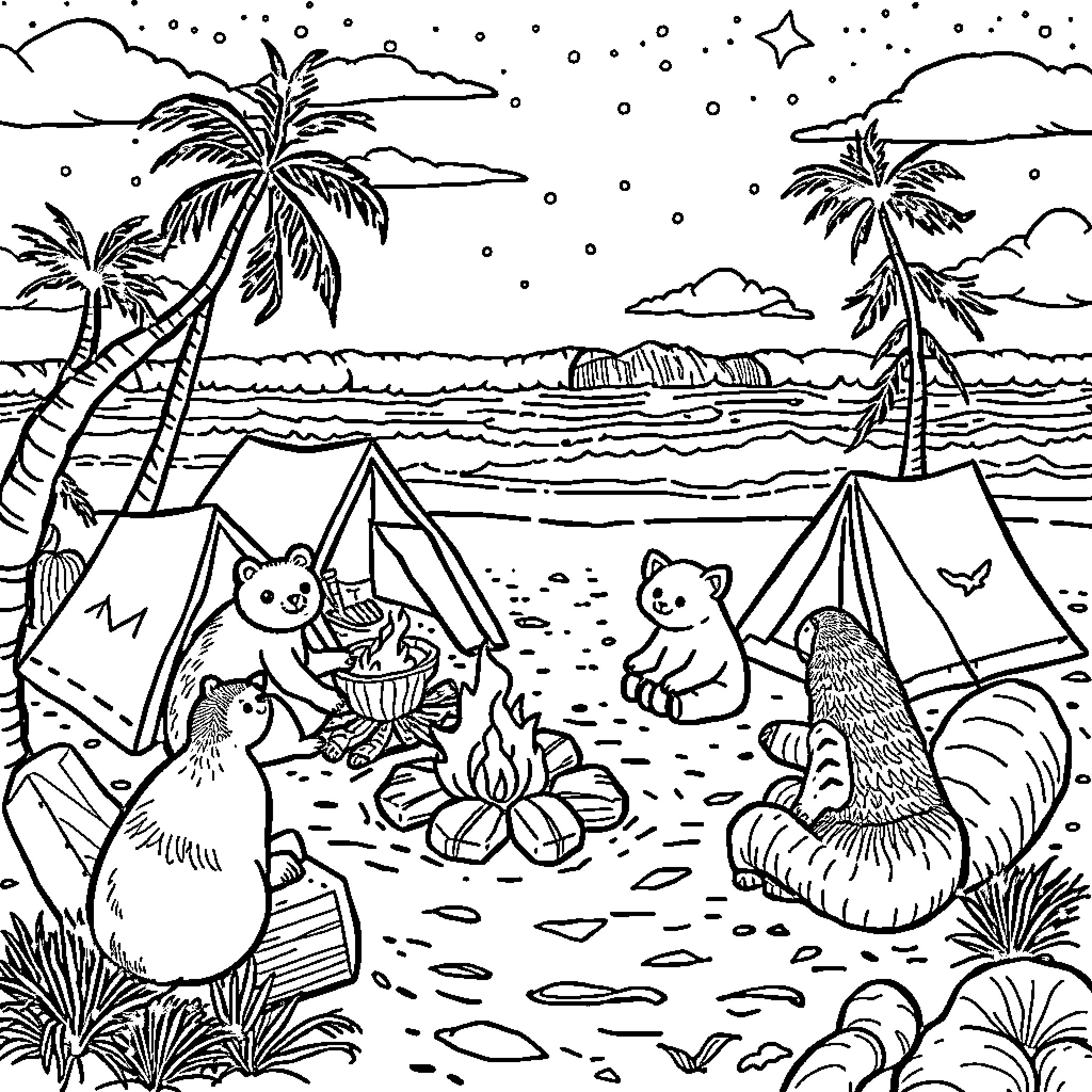 Animal Camping Adventure on the Beach Coloring Page (free black-and-white line drawing printable PDF for all, from beginners to advanced learners, including children, teens, adults, and seniors)