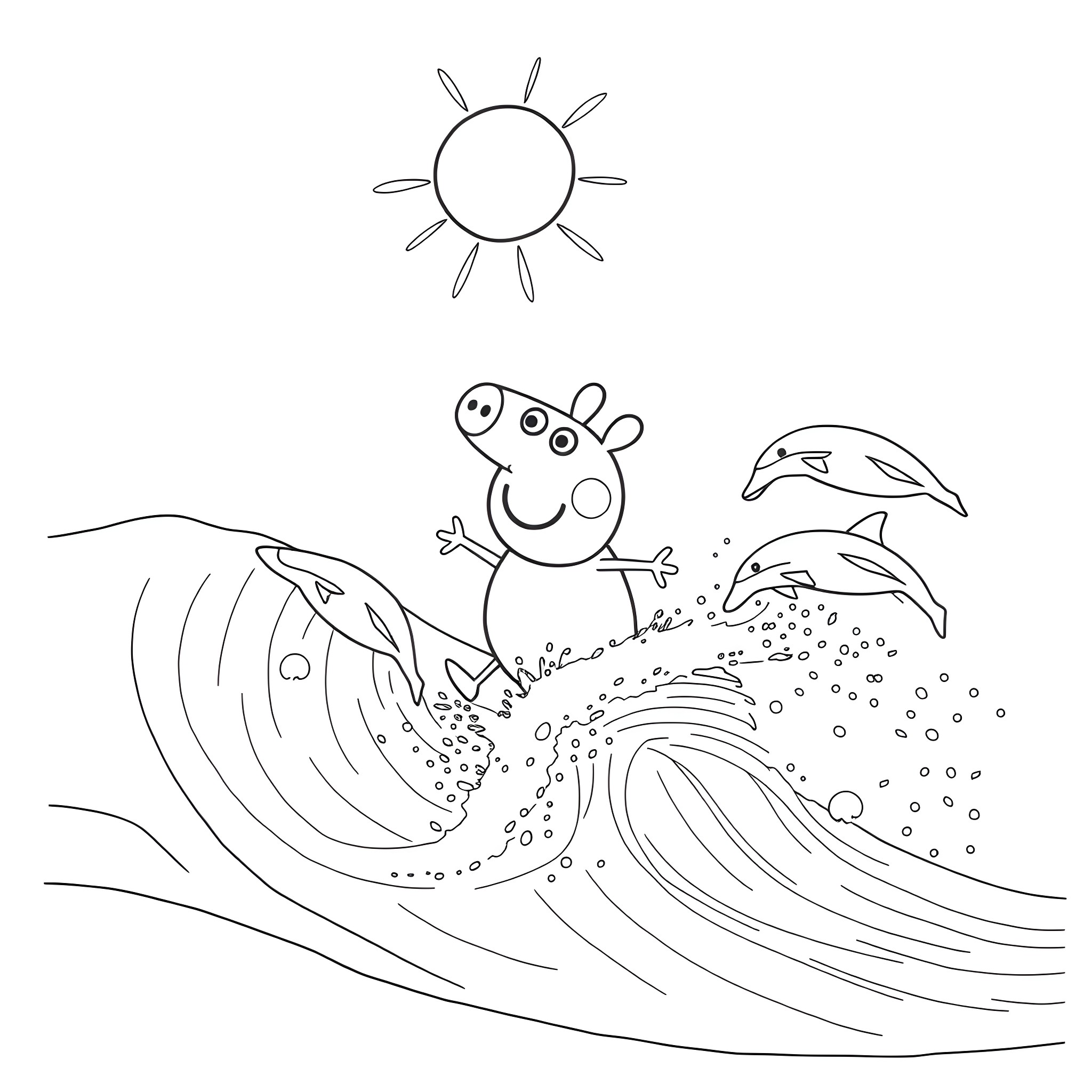 Peppa Pig playing in the ocean with dolphins Coloring Page (free black-and-white line drawing printable PDF for all, from beginners to advanced learners, including children, teens, adults, and seniors)