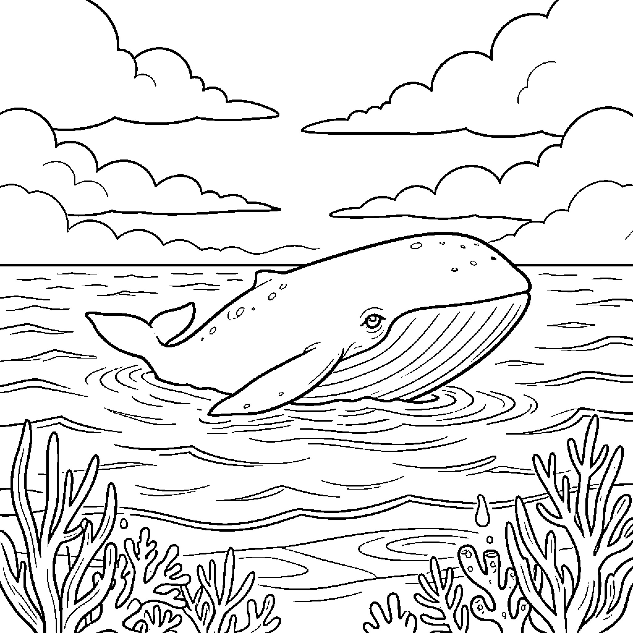 Whale Surfacing in the Ocean with Coral Coloring Page (free black-and-white line drawing printable PDF for all, from beginners to advanced learners, including children, teens, adults, and seniors)