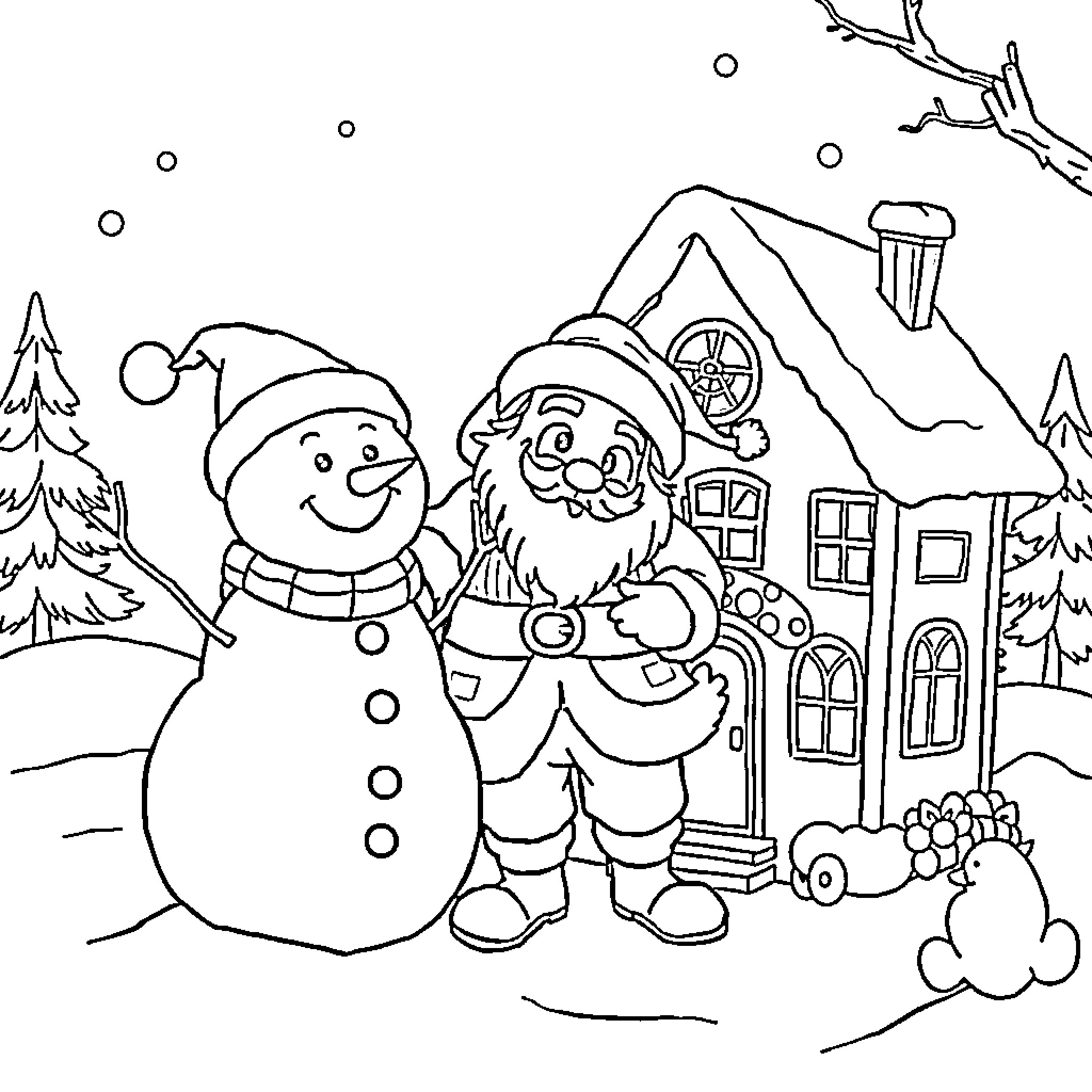 Snowman and Santa enjoy a winter wonderland Coloring Page (free black-and-white line drawing printable PDF for all, from beginners to advanced learners, including children, teens, adults, and seniors)