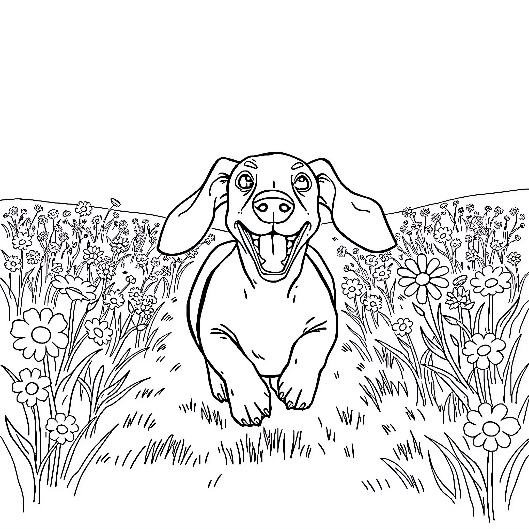 Dachshund exploring the floral meadow Coloring Page (free black-and-white line drawing printable PDF for all, from beginners to advanced learners, including children, teens, adults, and seniors)