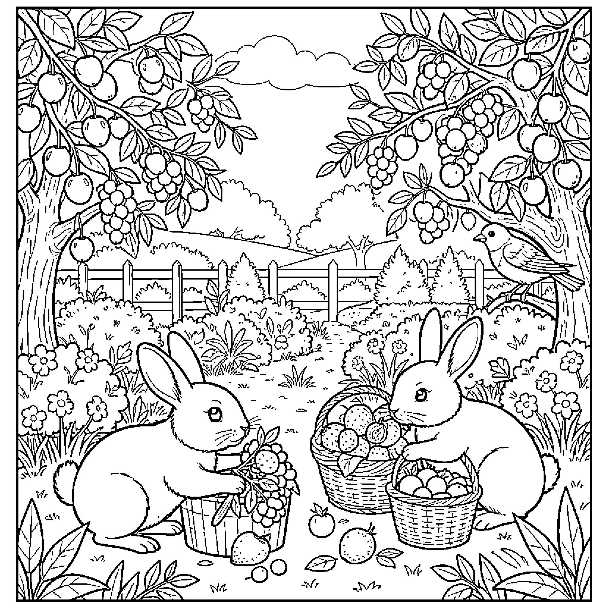 Animal friends in a lush garden Coloring Page (free black-and-white line drawing printable PDF for all, from beginners to advanced learners, including children, teens, adults, and seniors)
