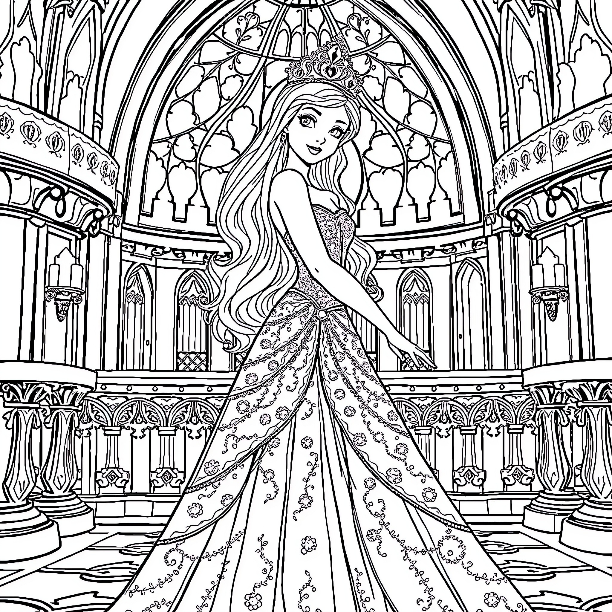 Princess in a Magnificent Castle Coloring Page (free black-and-white line drawing printable PDF for all, from beginners to advanced learners, including children, teens, adults, and seniors)