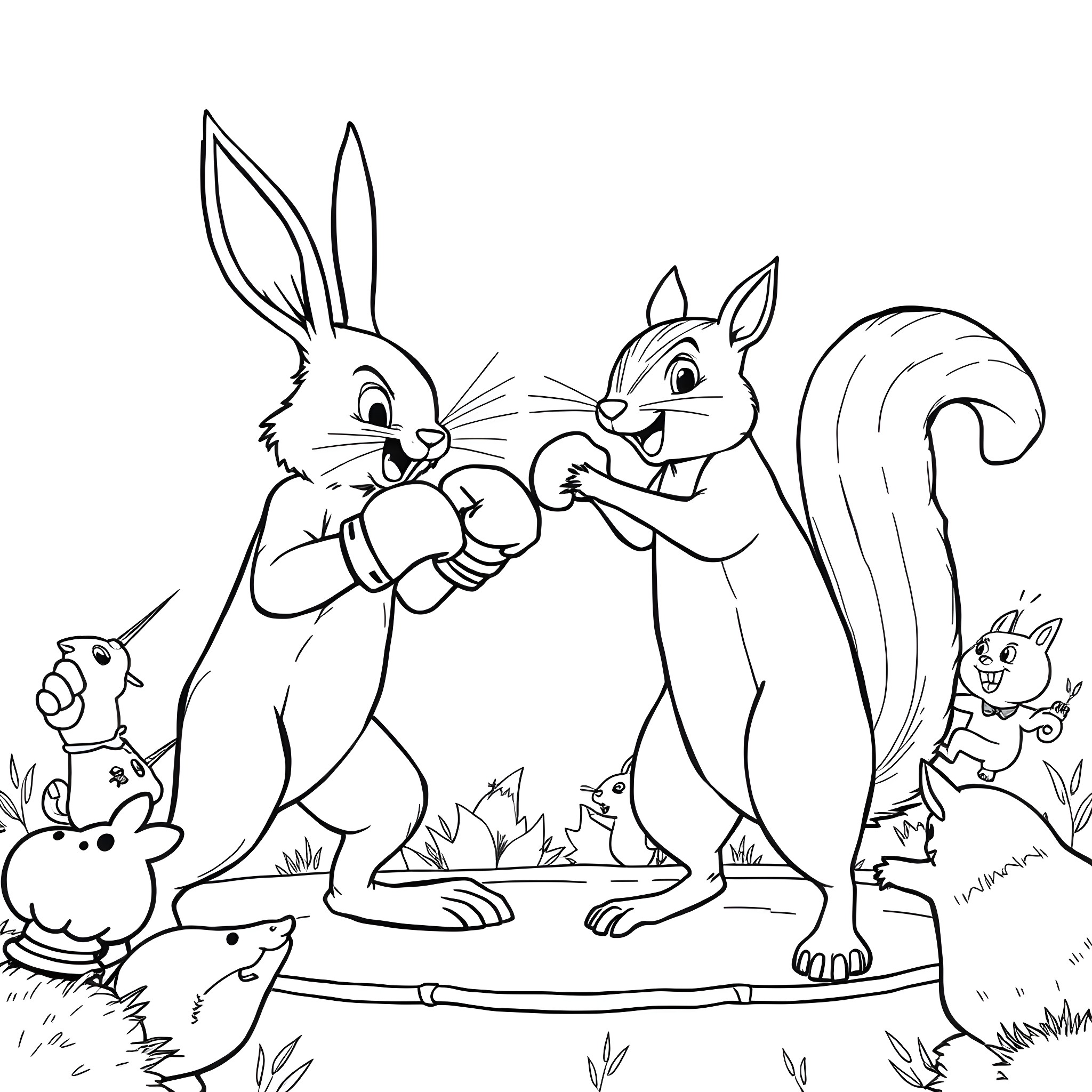 Rabbits Playing and Exploring the Outdoors Coloring Page (free black-and-white line drawing printable PDF for all, from beginners to advanced learners, including children, teens, adults, and seniors)