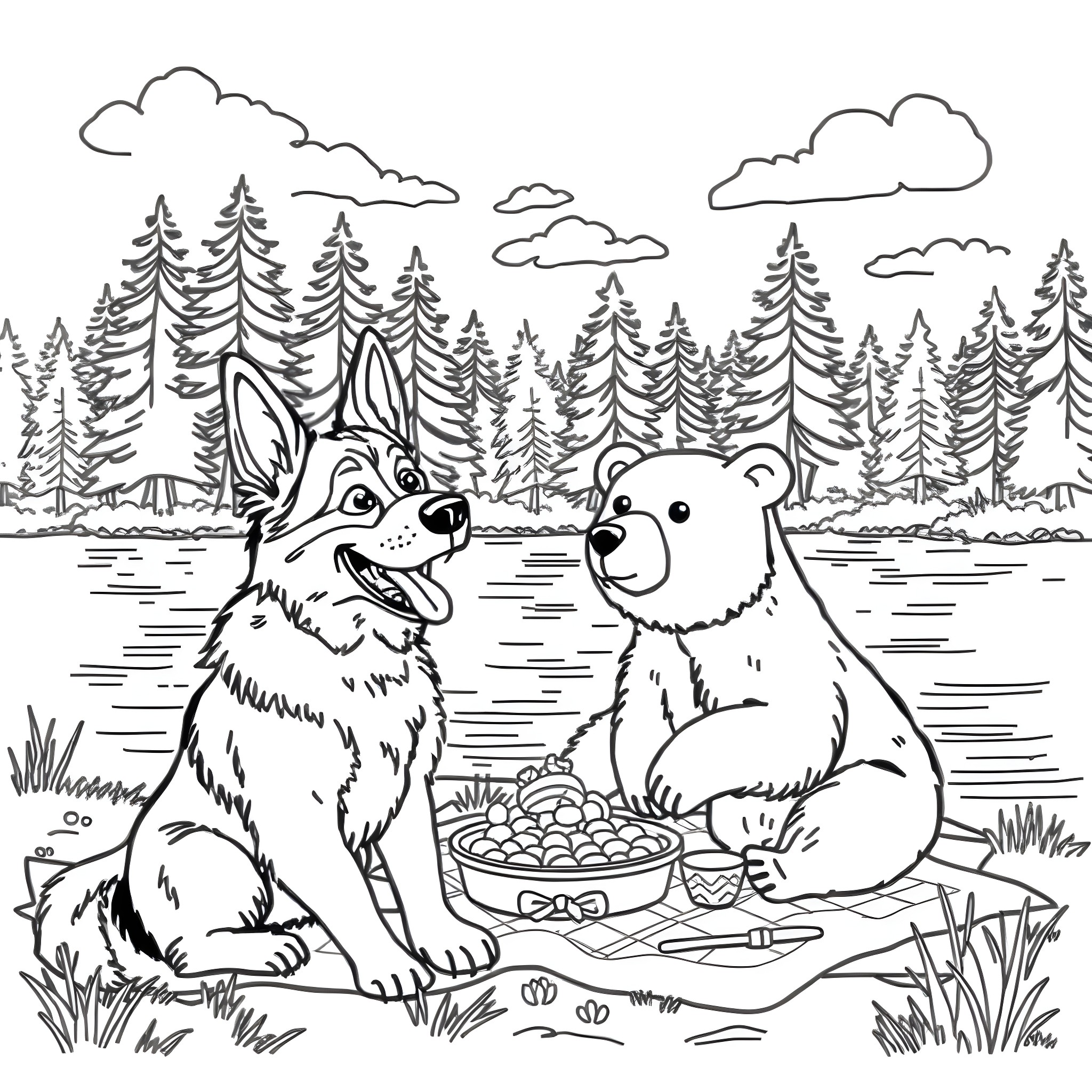 German Shepherd and Bear Enjoying a Picnic in the Forest Coloring Page (free black-and-white line drawing printable PDF for all, from beginners to advanced learners, including children, teens, adults, and seniors)