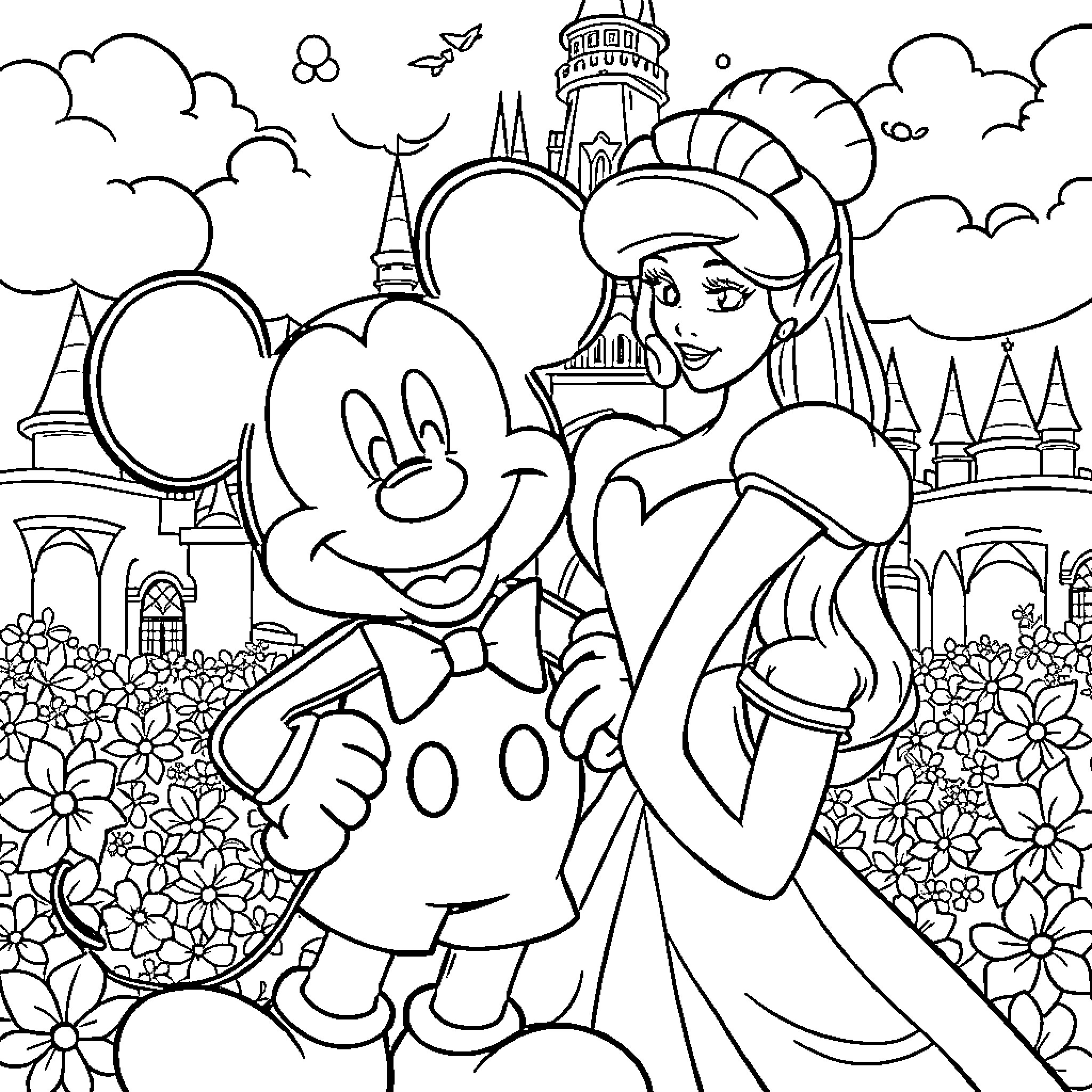 Disney Character enjoying a castle scene with Mickey Mouse Coloring Page (free black-and-white line drawing printable PDF for all, from beginners to advanced learners, including children, teens, adults, and seniors)