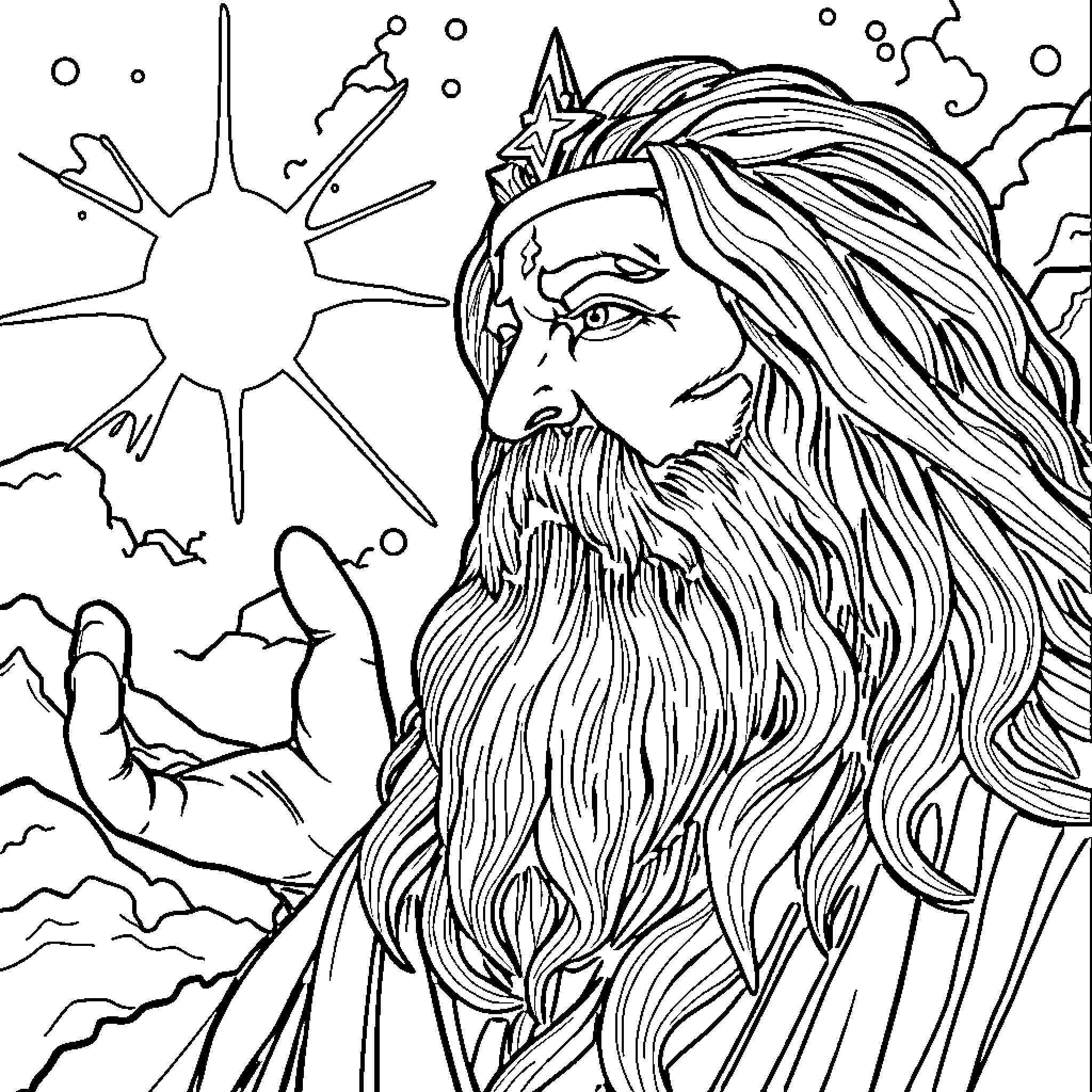 God's Majestic Portrayal in Enchanting Scenery Coloring Page (free black-and-white line drawing printable PDF for all, from beginners to advanced learners, including children, teens, adults, and seniors)