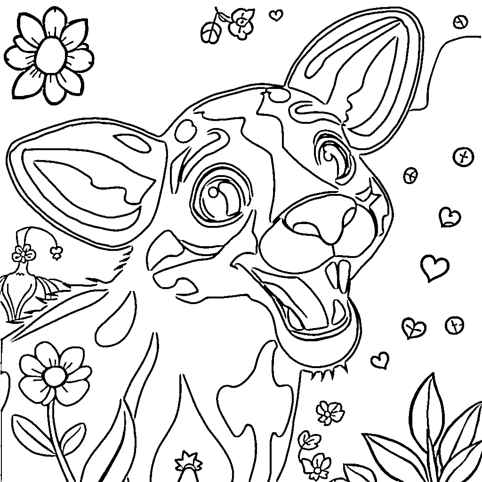 Drawings of a playful animal surrounded by flowers Coloring Page (free black-and-white line drawing printable PDF for all, from beginners to advanced learners, including children, teens, adults, and seniors)