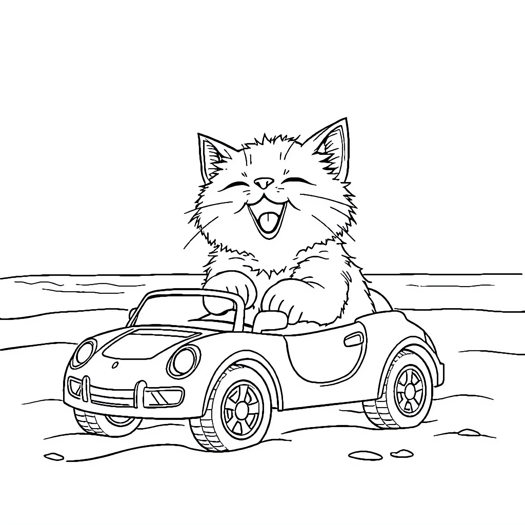 Cat driving happily in a toy car Coloring Page (free black-and-white line drawing printable PDF for all, from beginners to advanced learners, including children, teens, adults, and seniors)