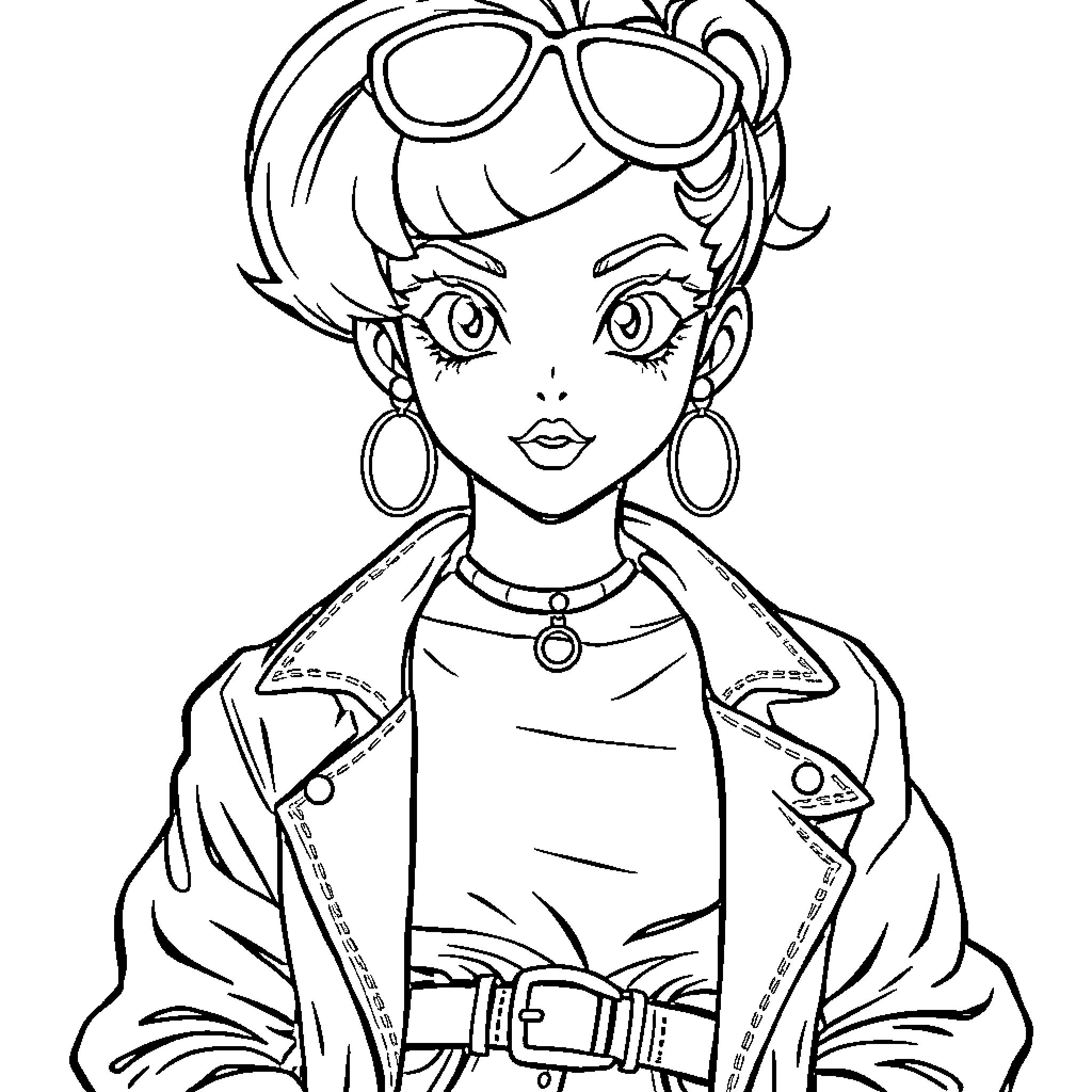 Bulma in a stylish outfit with glasses Coloring Page (free black-and-white line drawing printable PDF for all, from beginners to advanced learners, including children, teens, adults, and seniors)