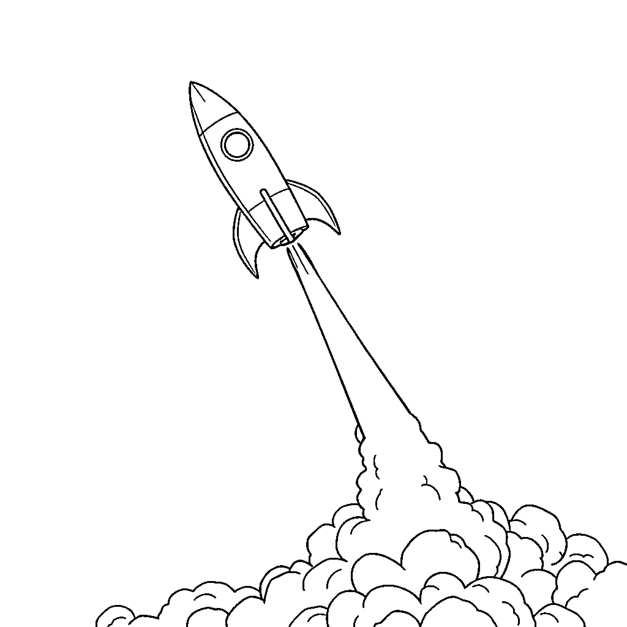 Rocket Launching into the Sky Coloring Page (free black-and-white line drawing printable PDF for all, from beginners to advanced learners, including children, teens, adults, and seniors)