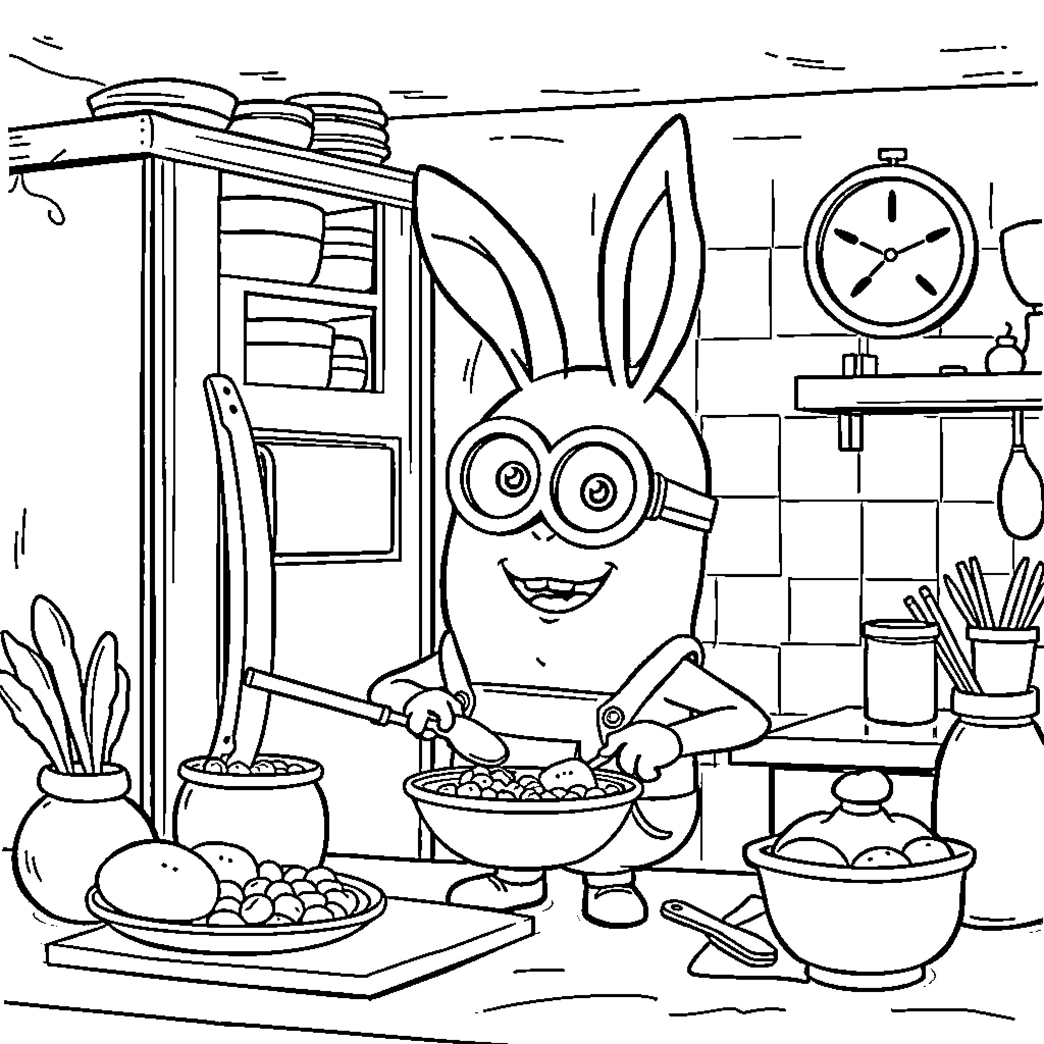 Bunny Helper Cooking Breakfast in the Kitchen Coloring Page (free black-and-white line drawing printable PDF for all, from beginners to advanced learners, including children, teens, adults, and seniors)