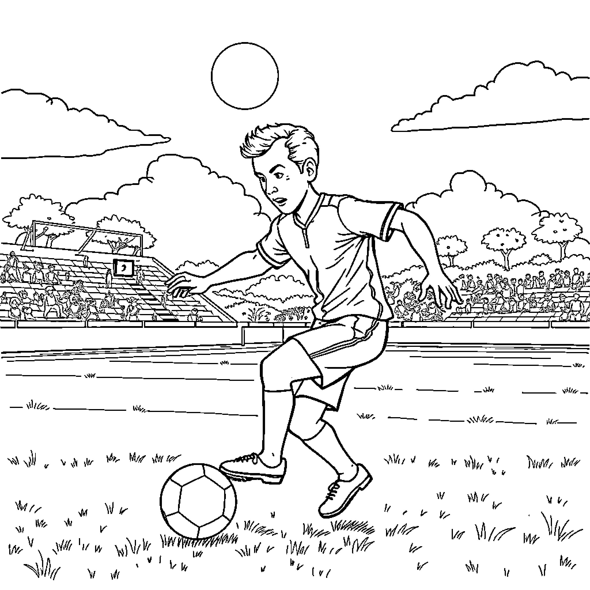Macron playing soccer in a scenic outdoor setting Coloring Page (free black-and-white line drawing printable PDF for all, from beginners to advanced learners, including children, teens, adults, and seniors)