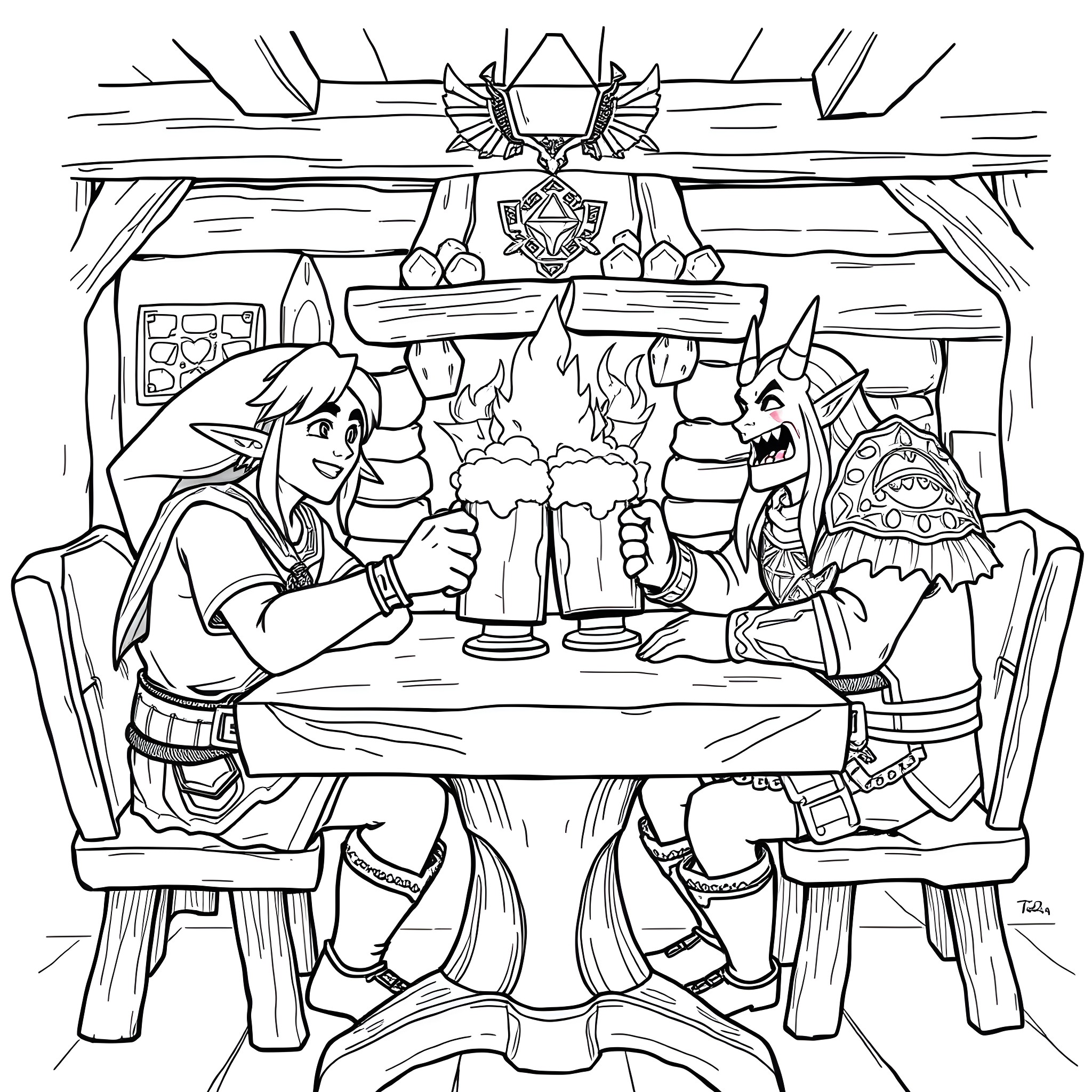 Link and companions sharing a meal in a cozy tavern Coloring Page (free black-and-white line drawing printable PDF for all, from beginners to advanced learners, including children, teens, adults, and seniors)