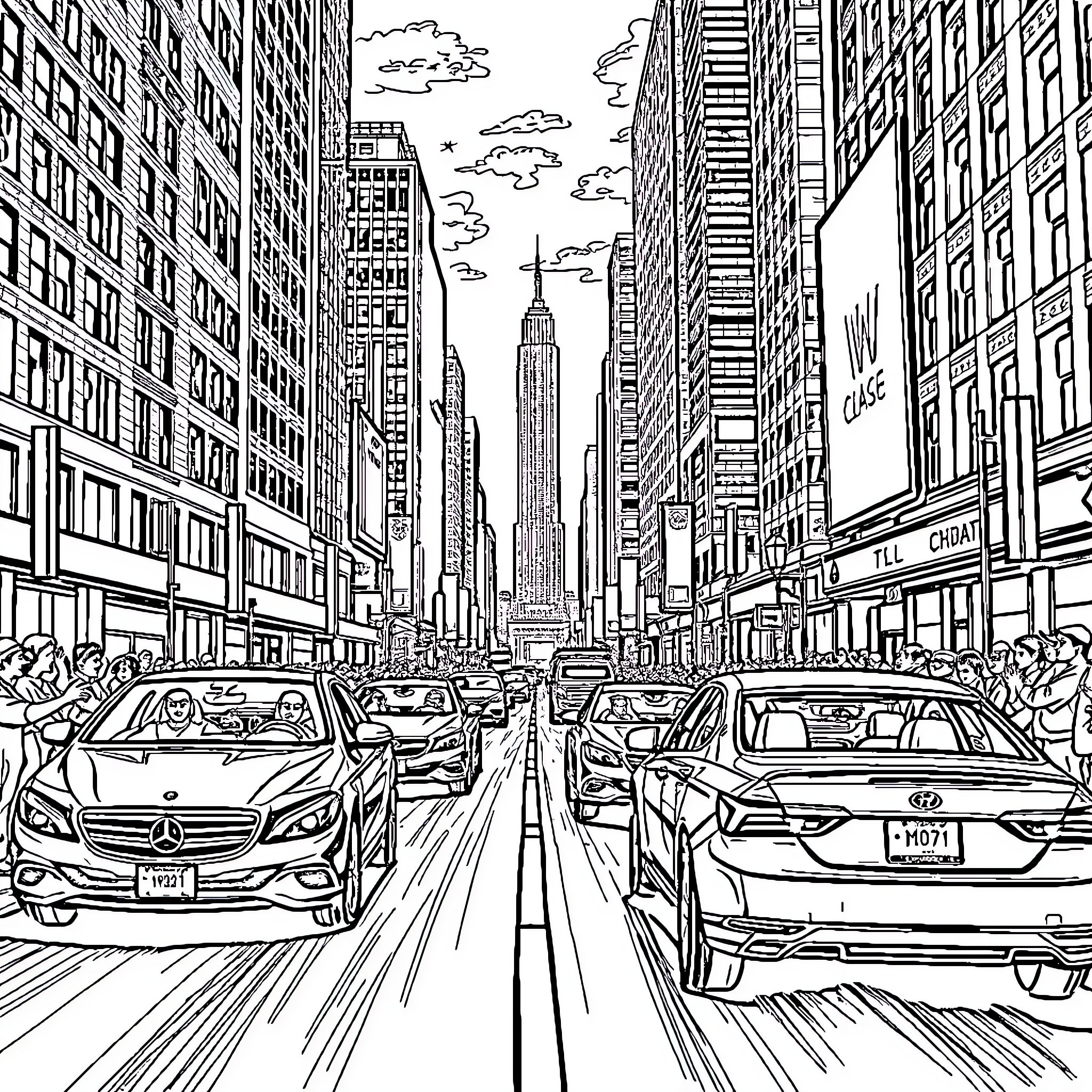 Racing Through the Bustling City Streets Coloring Page (free black-and-white line drawing printable PDF for all, from beginners to advanced learners, including children, teens, adults, and seniors)