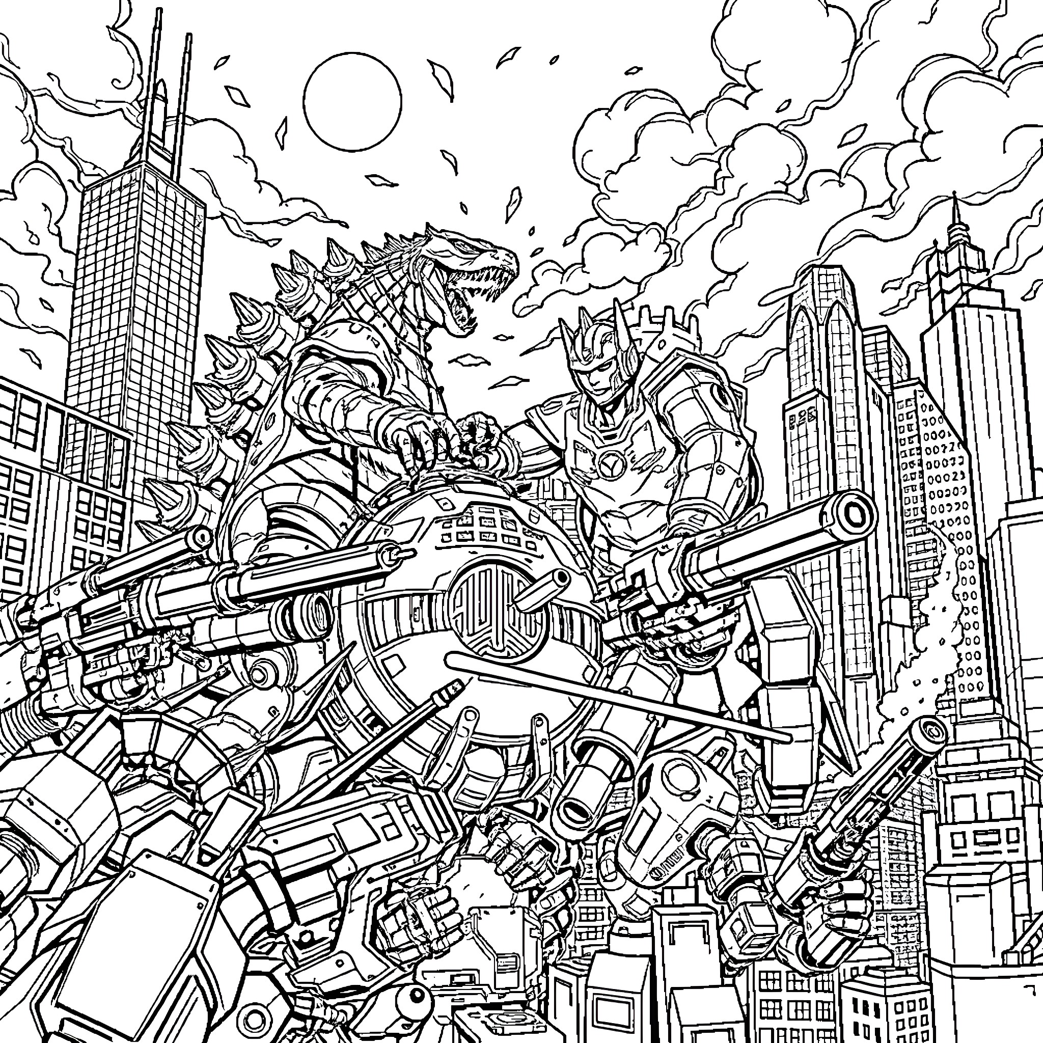 Robot Monsters Battling in Futuristic City Coloring Page (free black-and-white line drawing printable PDF for all, from beginners to advanced learners, including children, teens, adults, and seniors)