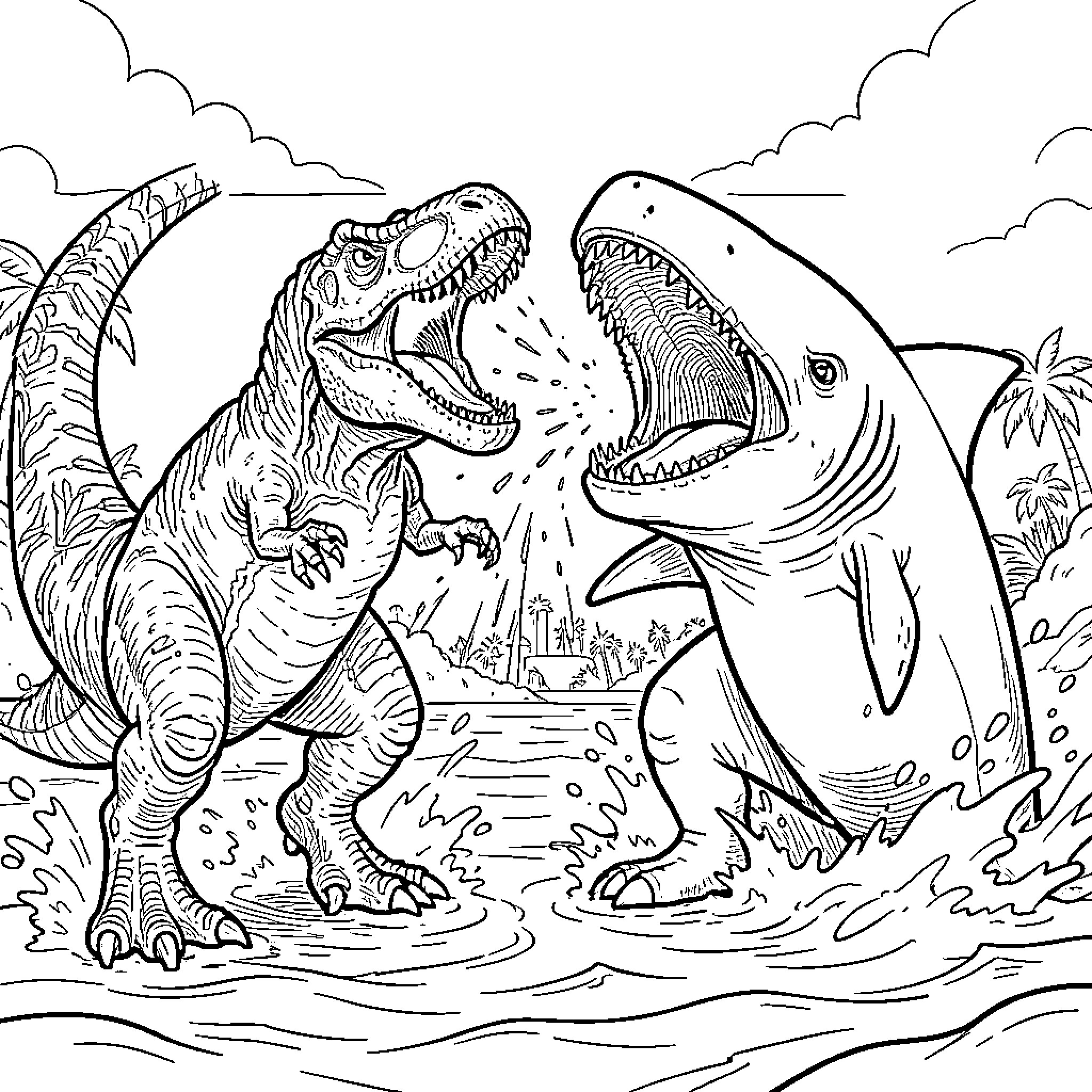 Tyrannosaurus roaring intensely at a large shark Coloring Page (free black-and-white line drawing printable PDF for all, from beginners to advanced learners, including children, teens, adults, and seniors)