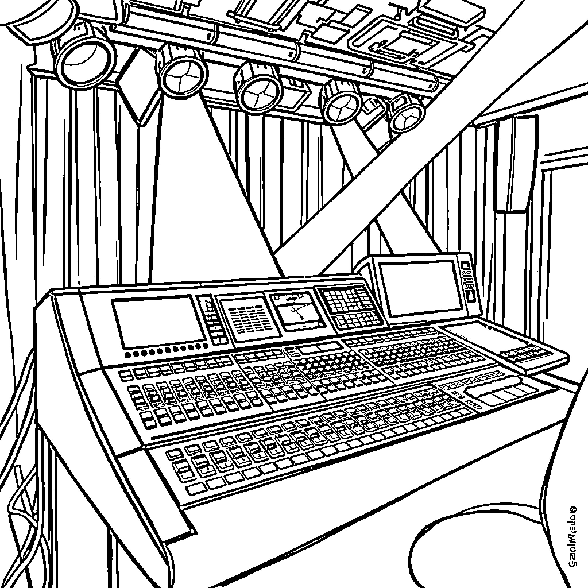 Lighting Console in a Theatrical Setting Coloring Page (free black-and-white line drawing printable PDF for all, from beginners to advanced learners, including children, teens, adults, and seniors)