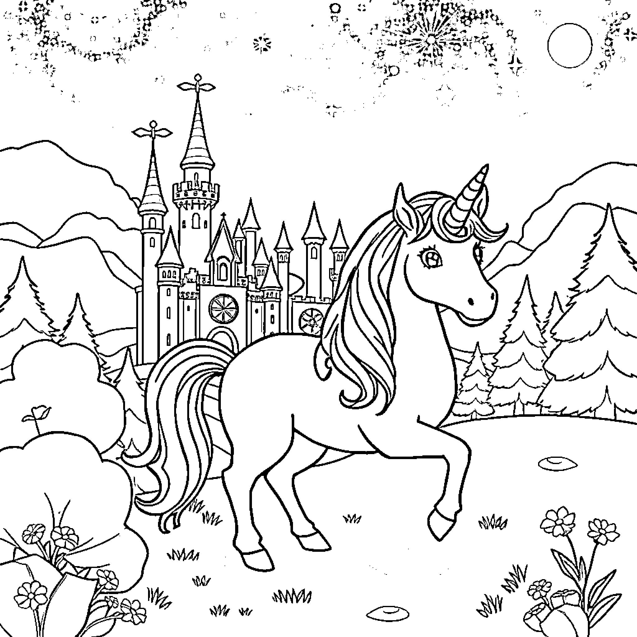Unicorn enjoying a magical fantasy landscape Coloring Page (free black-and-white line drawing printable PDF for all, from beginners to advanced learners, including children, teens, adults, and seniors)