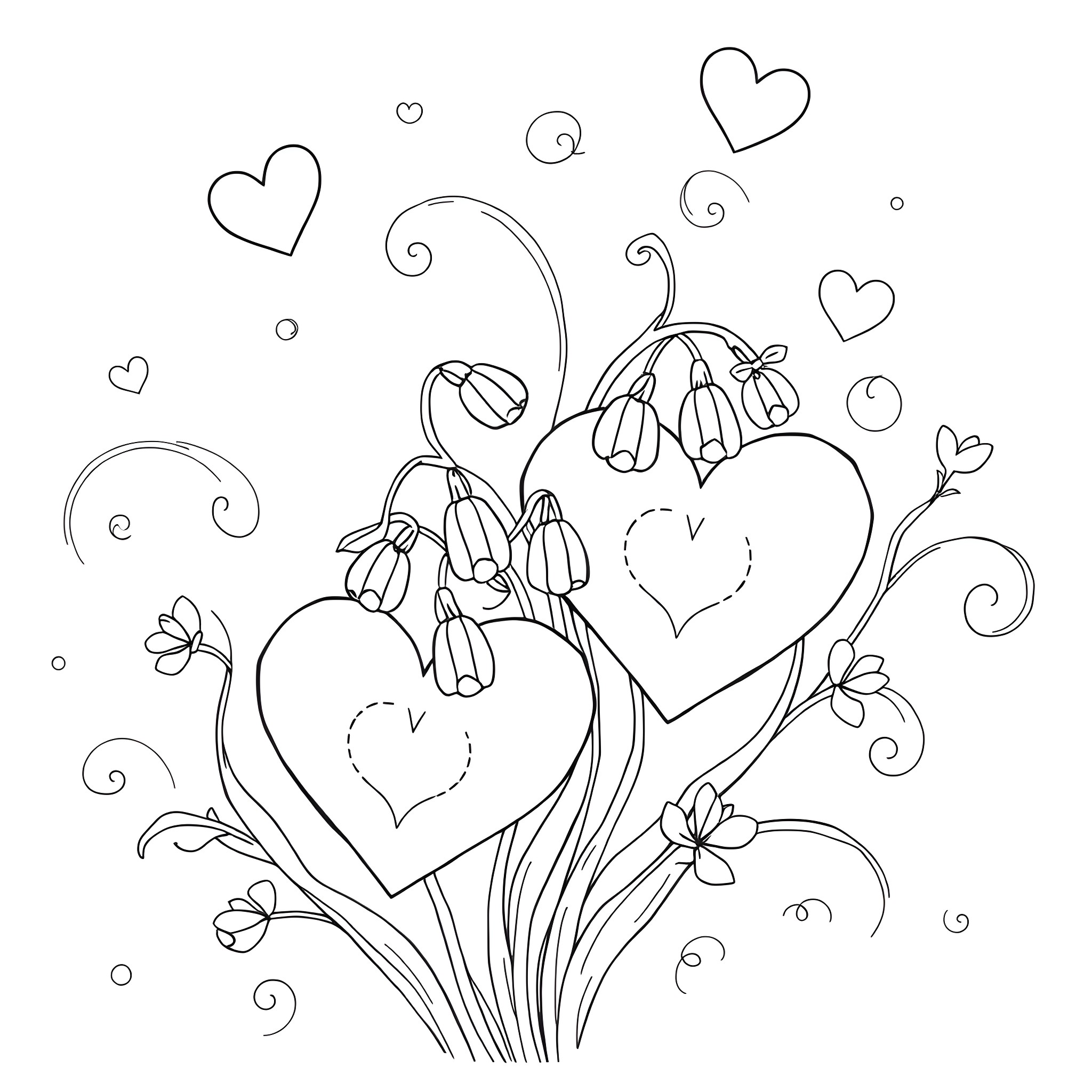 Heart-shaped Flowers and Swirls Coloring Page (free black-and-white line drawing printable PDF for all, from beginners to advanced learners, including children, teens, adults, and seniors)