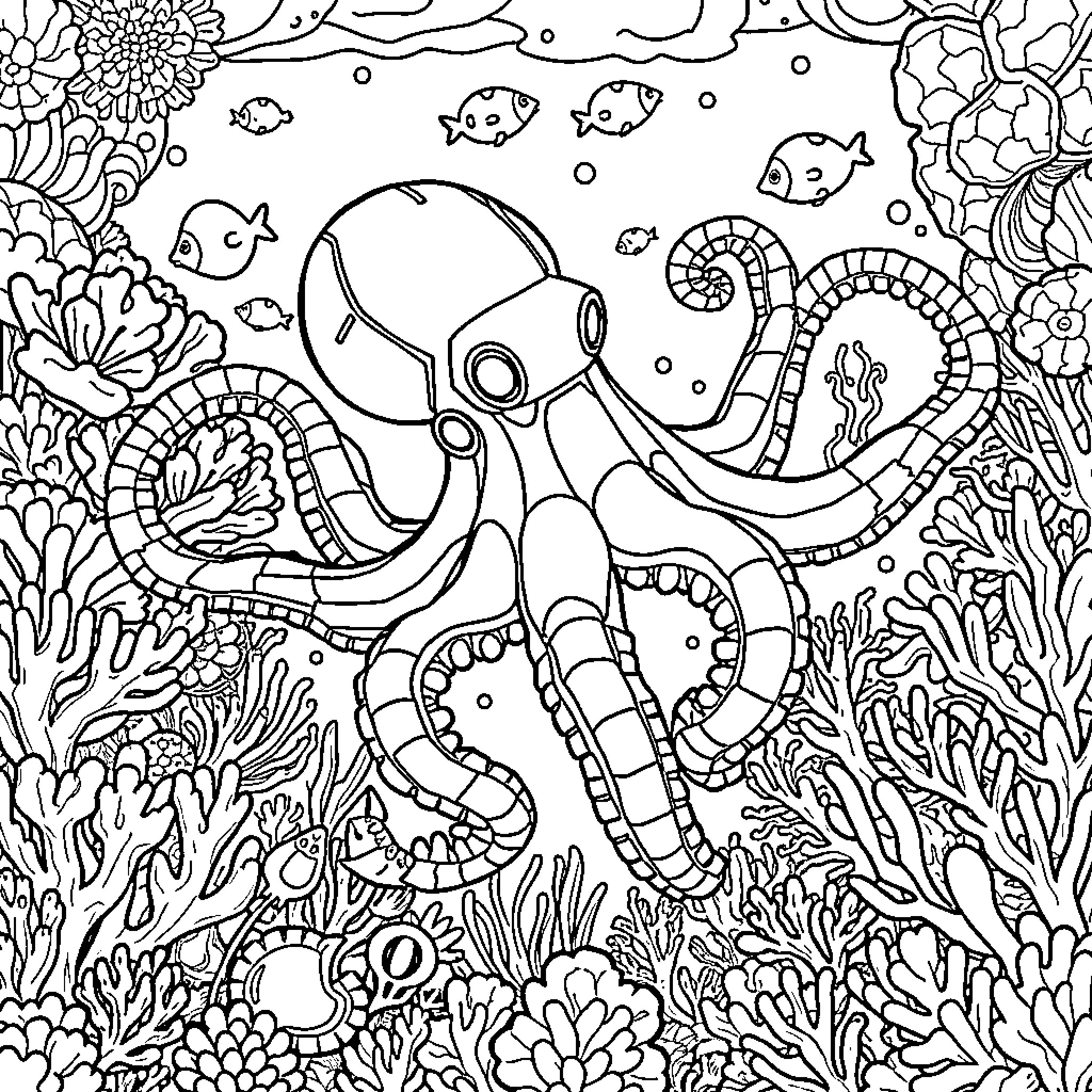 Robot Octopus exploring vibrant underwater world Coloring Page (free black-and-white line drawing printable PDF for all, from beginners to advanced learners, including children, teens, adults, and seniors)