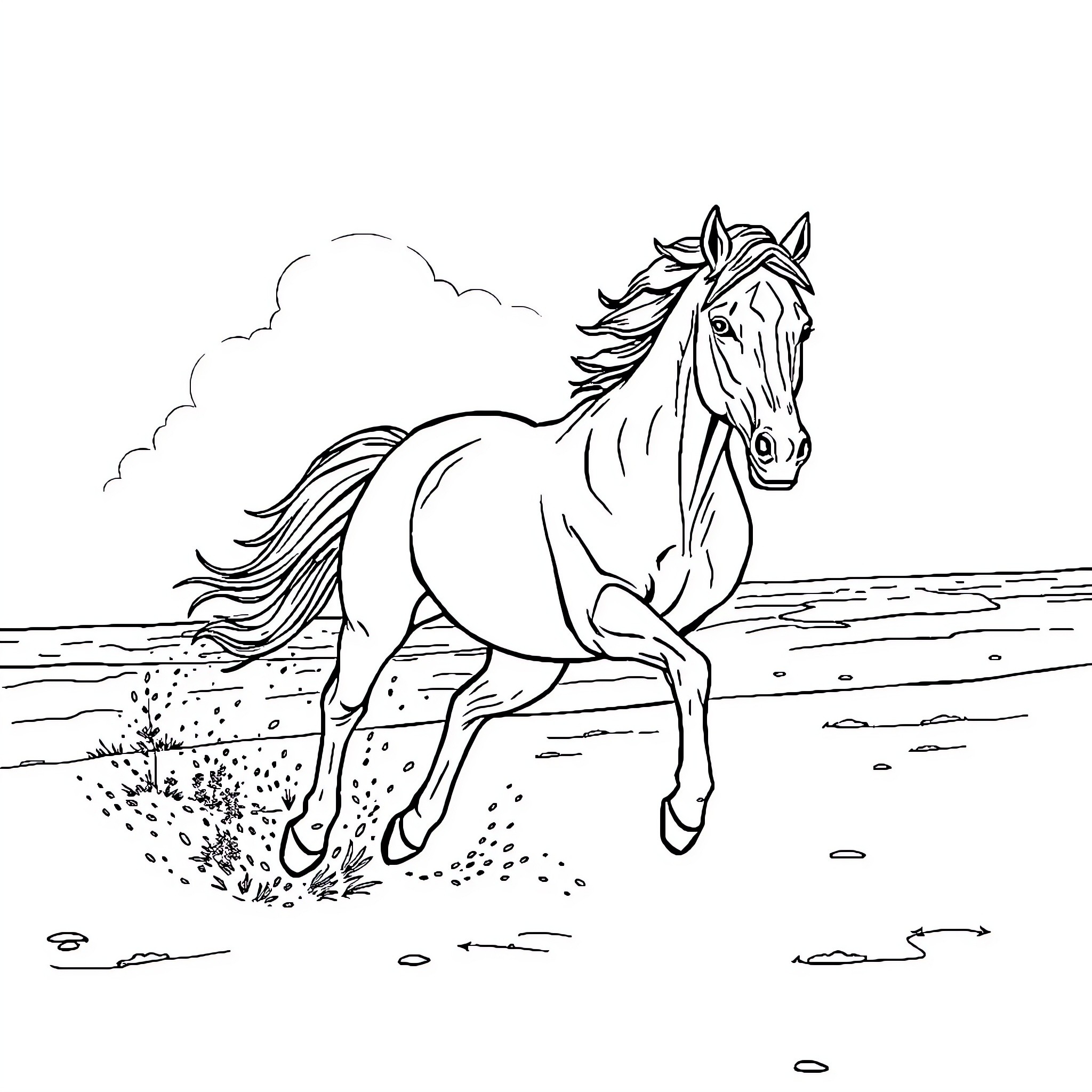 Horse running freely in the field Coloring Page (free black-and-white line drawing printable PDF for all, from beginners to advanced learners, including children, teens, adults, and seniors)