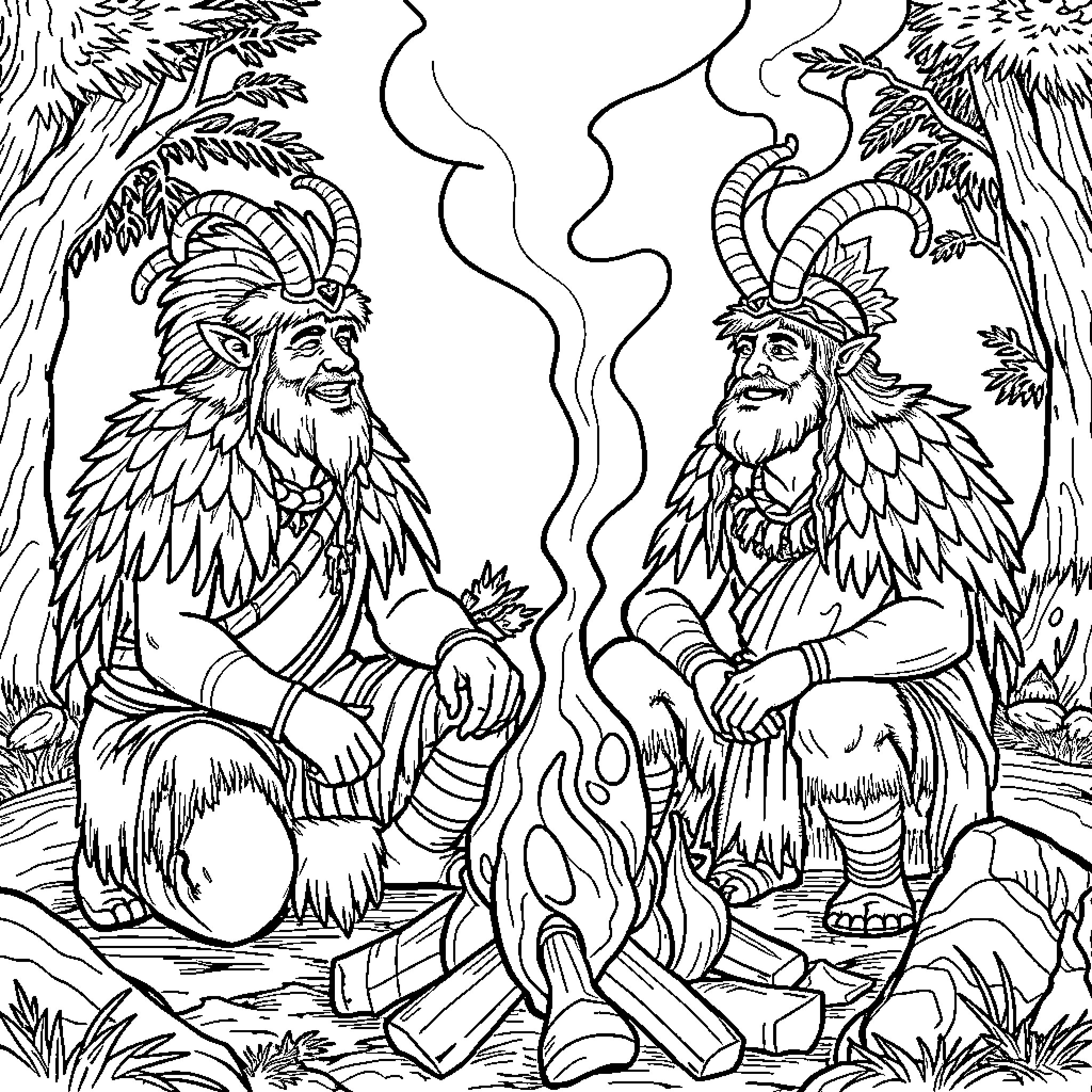 Prehistoric Men Gathering Around Campfire Coloring Page (free black-and-white line drawing printable PDF for all, from beginners to advanced learners, including children, teens, adults, and seniors)