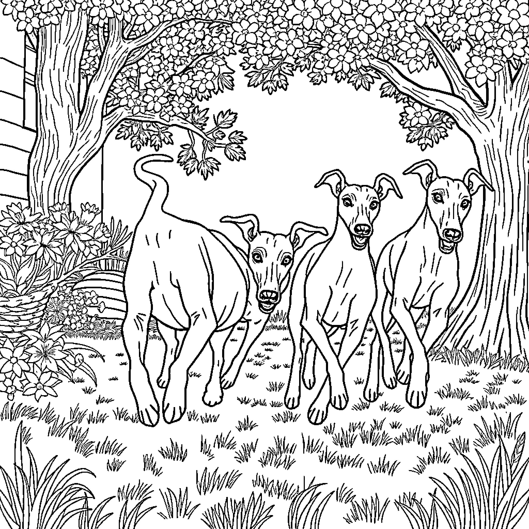 Italian Greyhounds Exploring the Forest Coloring Page (free black-and-white line drawing printable PDF for all, from beginners to advanced learners, including children, teens, adults, and seniors)
