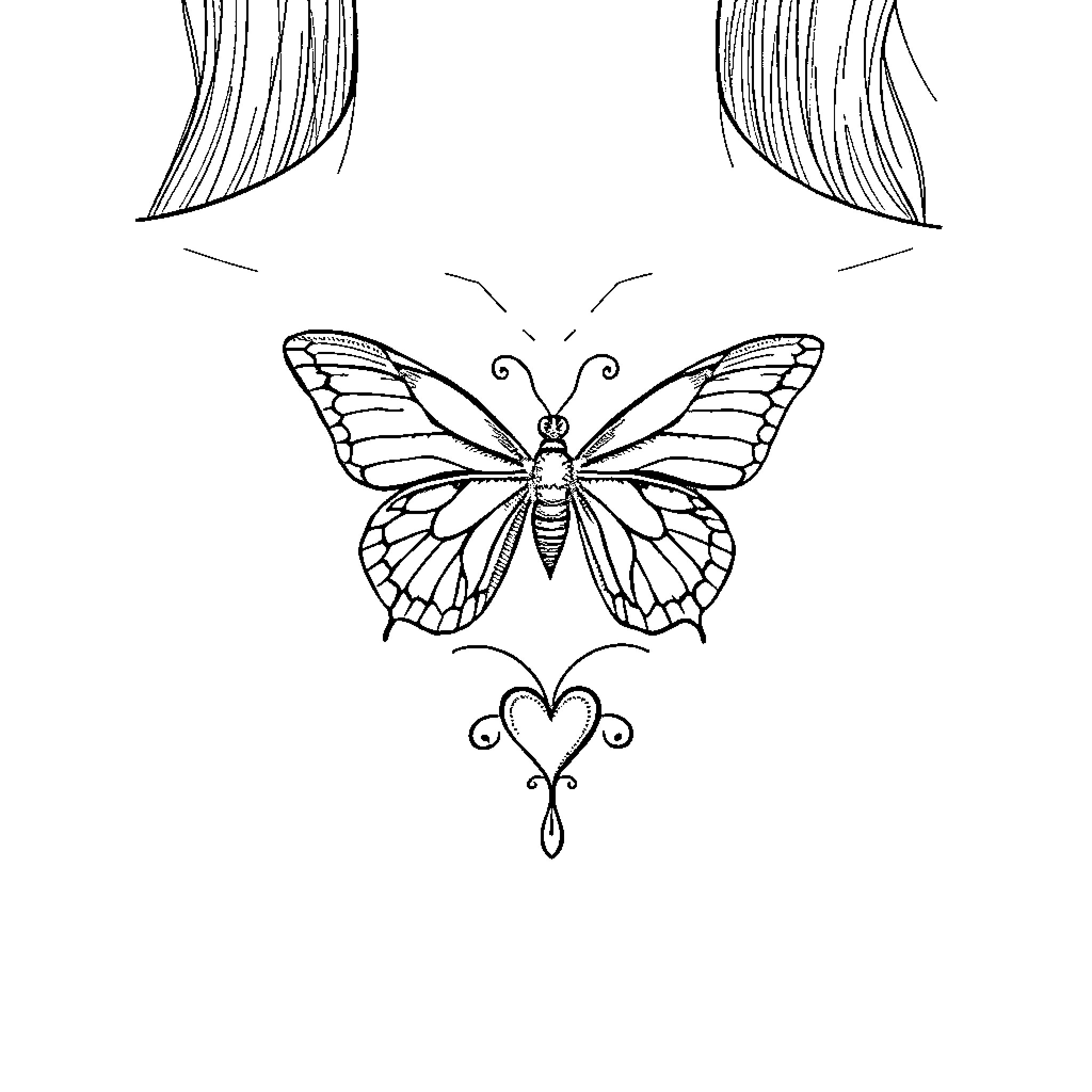 Butterfly with intricate wings and heart design Coloring Page (free black-and-white line drawing printable PDF for all, from beginners to advanced learners, including children, teens, adults, and seniors)