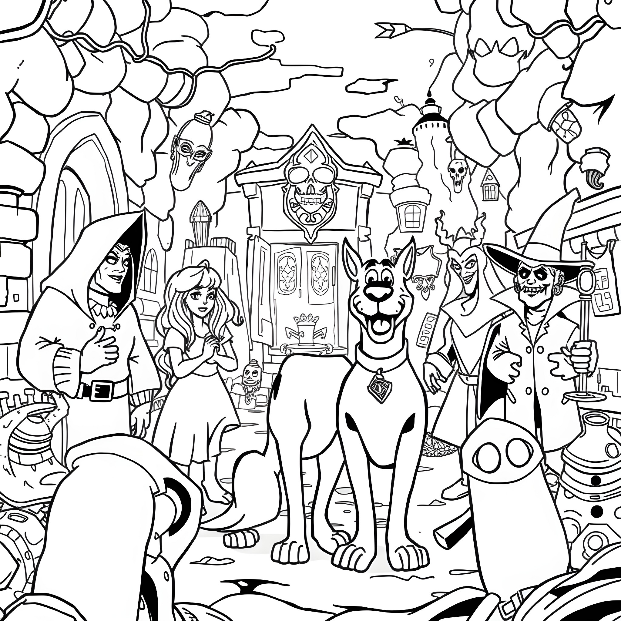 Villain's Lair: A Whimsical and Menacing Gathering Coloring Page (free black-and-white line drawing printable PDF for all, from beginners to advanced learners, including children, teens, adults, and seniors)
