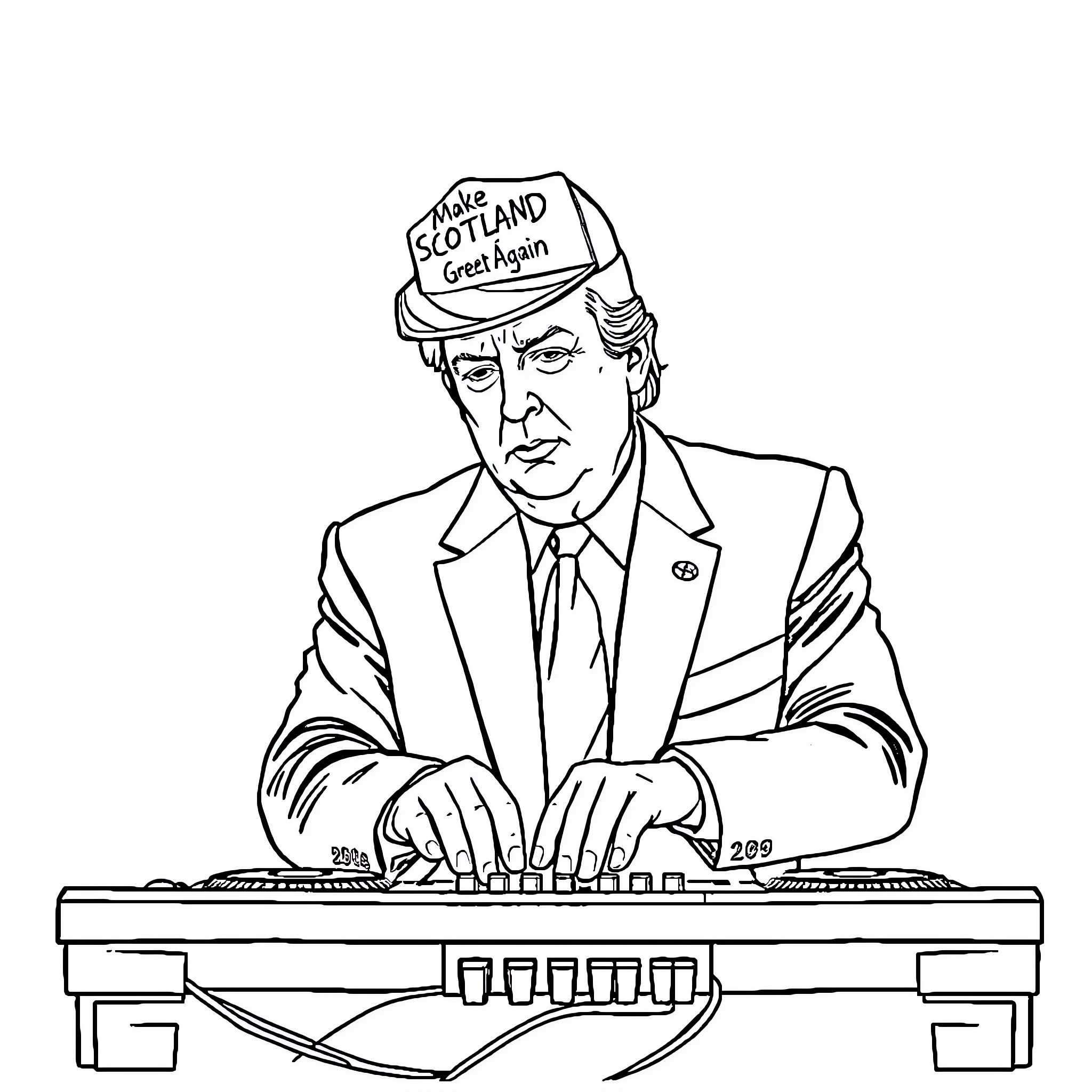 Donald Trump playing keyboard with 'Make Scotland Great Again' hat Coloring Page (free black-and-white line drawing printable PDF for all, from beginners to advanced learners, including children, teens, adults, and seniors)