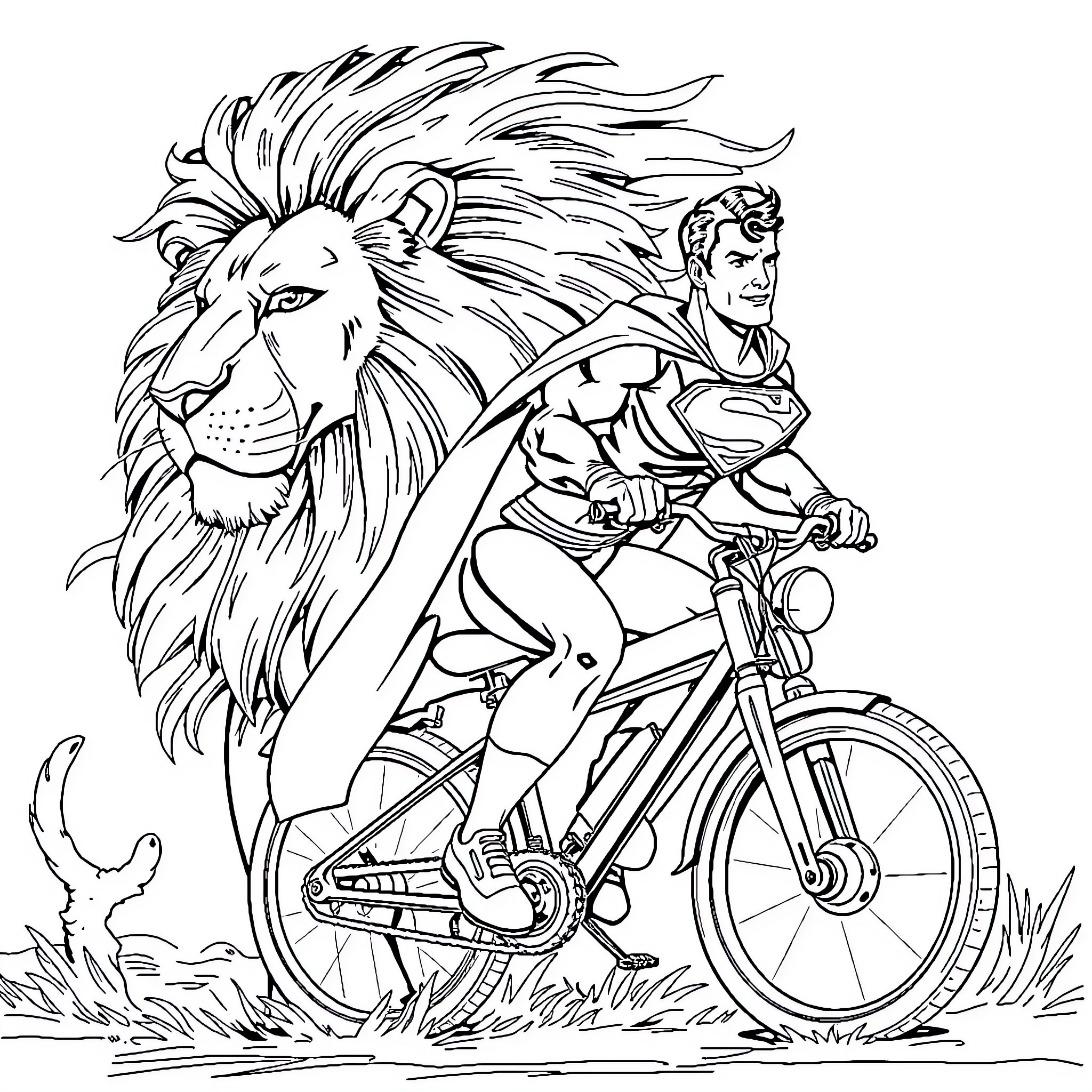 Superman riding a motorcycle with a lion Coloring Page (free black-and-white line drawing printable PDF for all, from beginners to advanced learners, including children, teens, adults, and seniors)