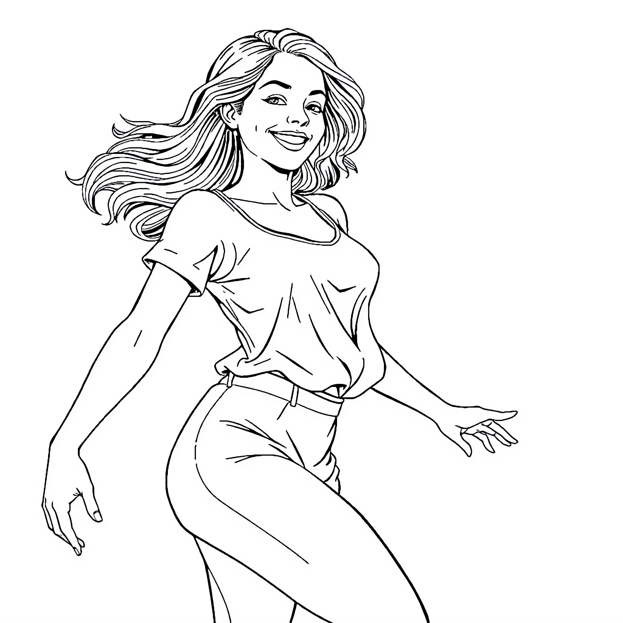 Girl with flowing hair posing happily Coloring Page (free black-and-white line drawing printable PDF for all, from beginners to advanced learners, including children, teens, adults, and seniors)