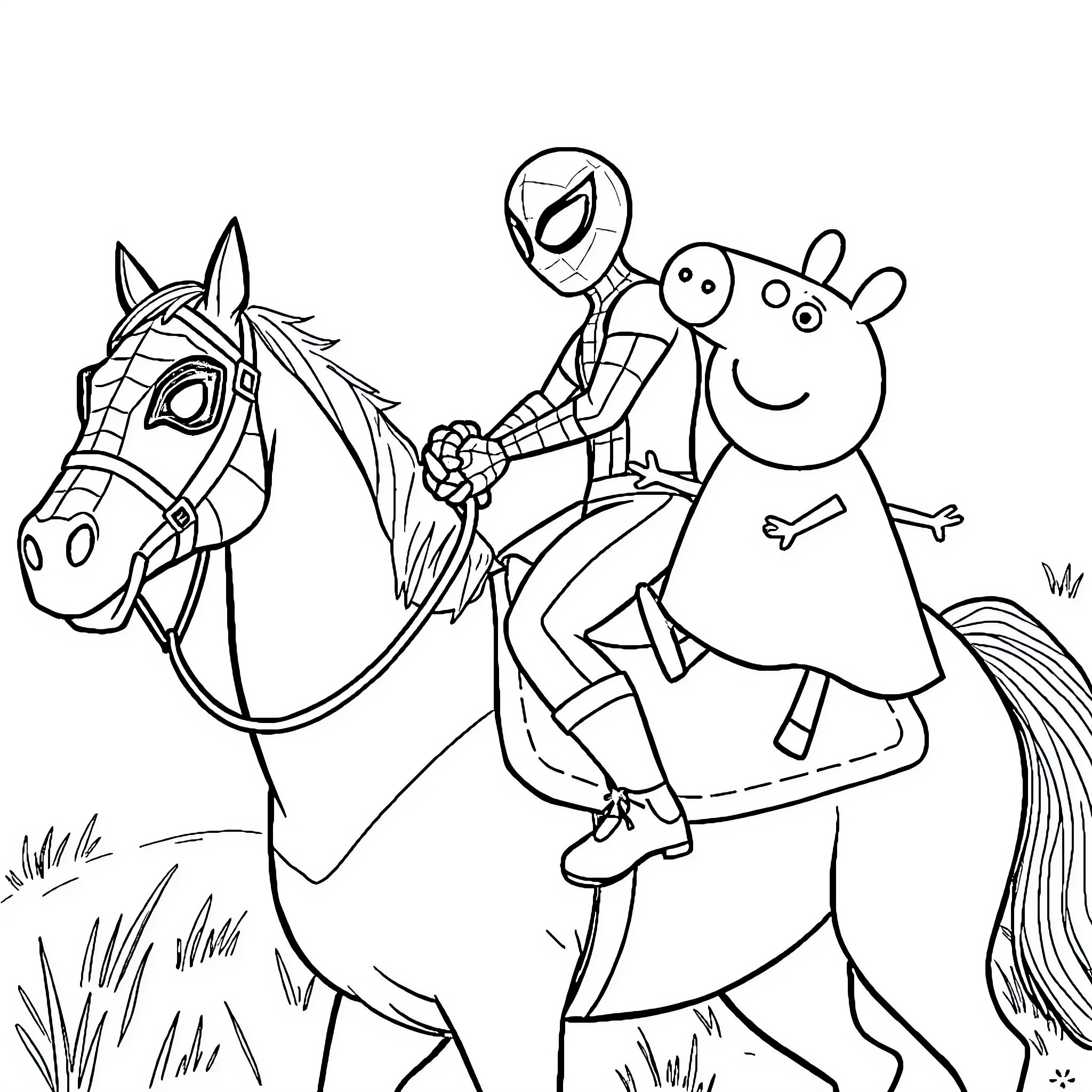 Spider-Man riding a horse with Peppa Pig Coloring Page (free black-and-white line drawing printable PDF for all, from beginners to advanced learners, including children, teens, adults, and seniors)